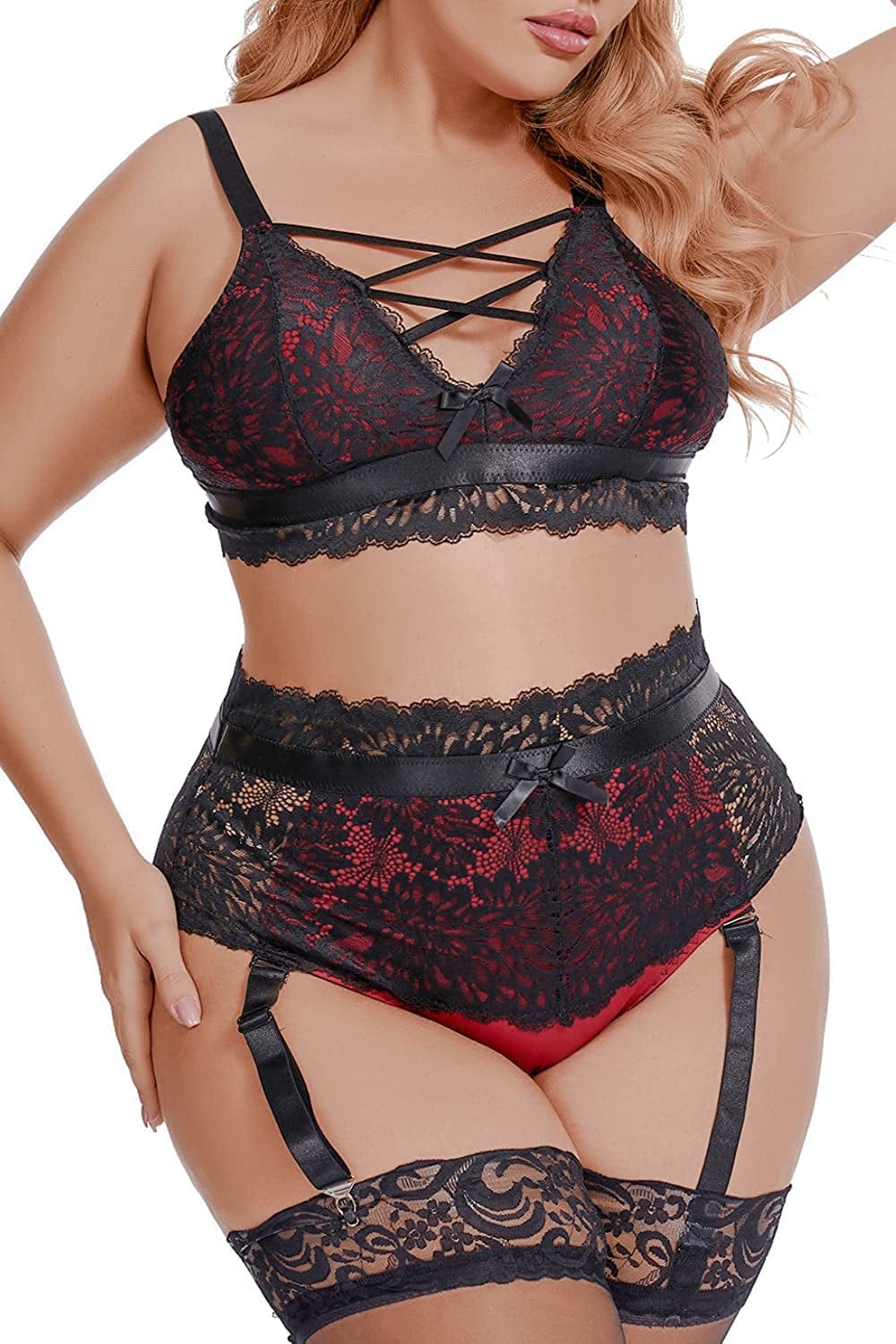 EVELUST plus Size Lingerie for Women - Sexy Luxe Criss-Cross Bra Lace Cup Classic Underwear High Waisted Suspender Set