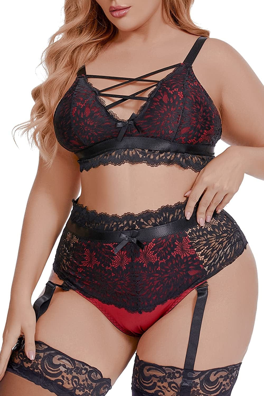 EVELUST plus Size Lingerie for Women - Sexy Luxe Criss-Cross Bra Lace Cup Classic Underwear High Waisted Suspender Set