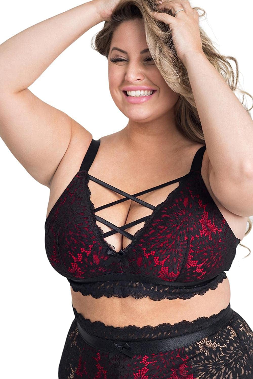 EVELUST plus Size Lingerie for Women - Sexy Luxe Criss-Cross Bra Lace Cup Classic Underwear High Waisted Suspender Set