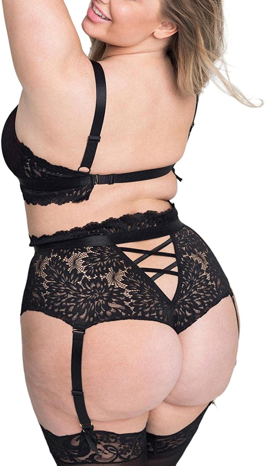 EVELUST plus Size Lingerie for Women - Sexy Luxe Criss-Cross Bra Lace Cup Classic Underwear High Waisted Suspender Set