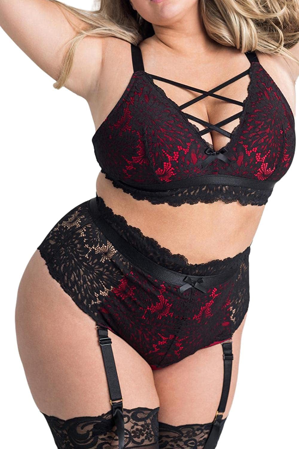 EVELUST plus Size Lingerie for Women - Sexy Luxe Criss-Cross Bra Lace Cup Classic Underwear High Waisted Suspender Set