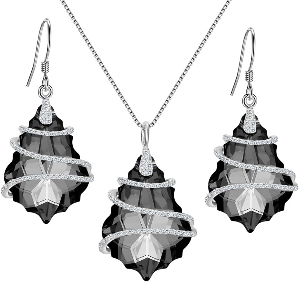 EVER FAITH 925 Sterling Silver Gift Jewelry for Women CZ Baroque Pendant Necklace Earrings Set 2-Grey Black