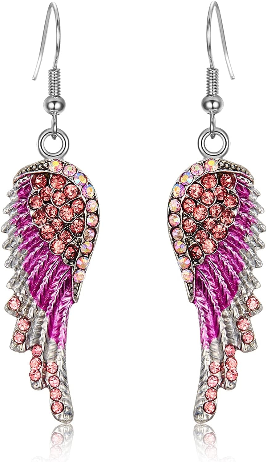 EVER FAITH Angel Wing Hook Earrings Austrian Crystal Silver-Tone Pink