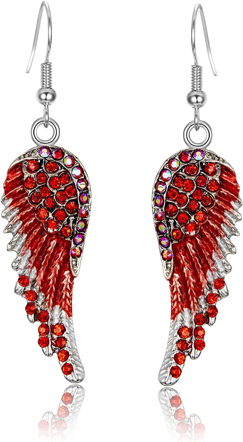 EVER FAITH Angel Wing Hook Earrings Austrian Crystal Silver-Tone Red