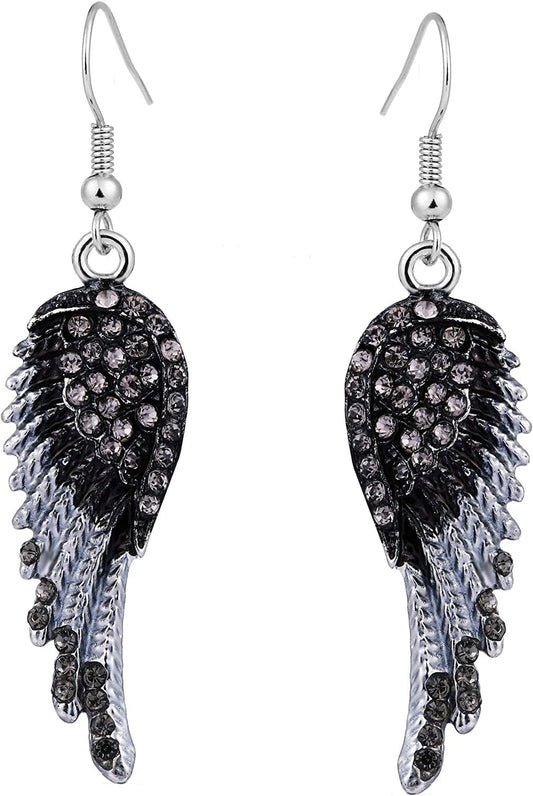 EVER FAITH Angel Wing Hook Earrings Austrian Crystal Silver-Tone Black
