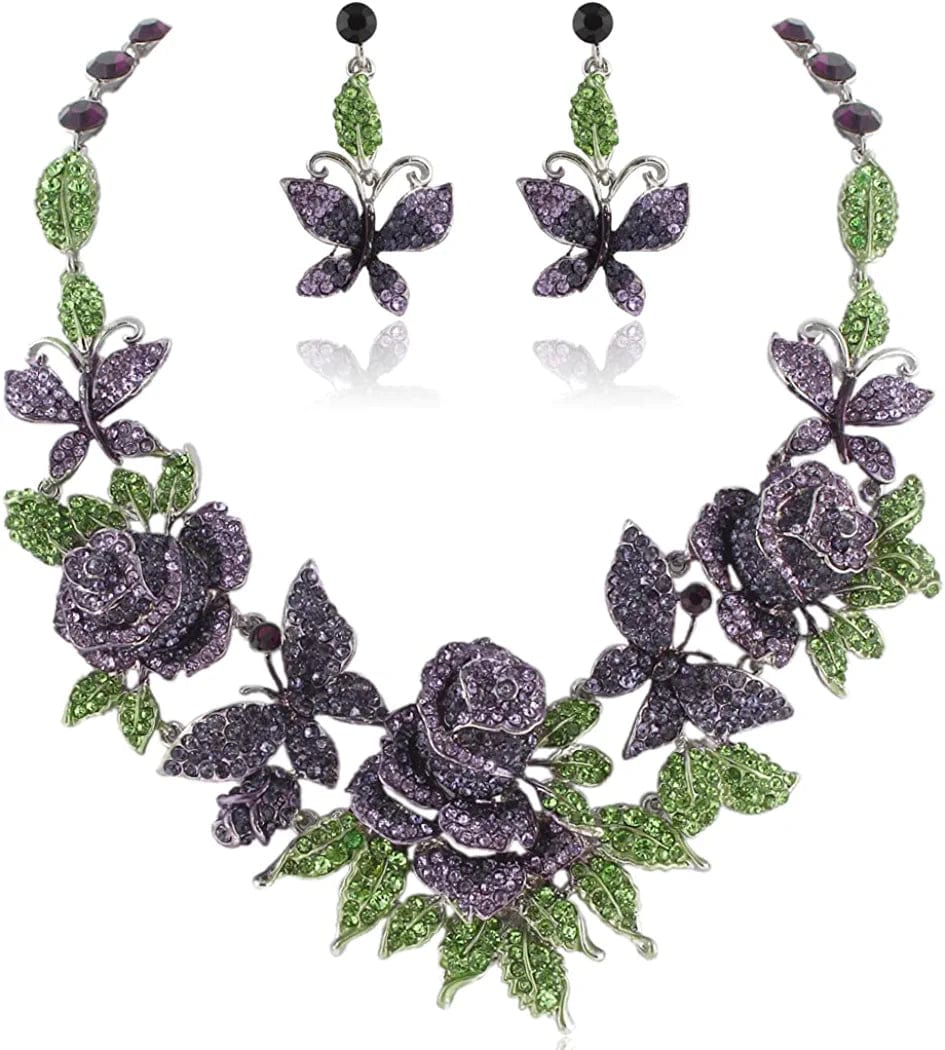 EVER FAITH Austrian Crystal Enamel Butterfly Rose Flower Leaf Necklace Earrings Set Purple Gold-Tone