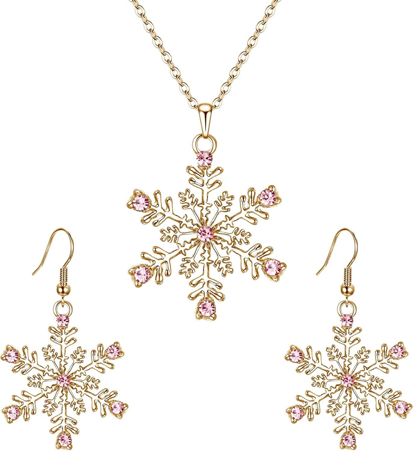 EVER FAITH Austrian Crystal Snowflake Flower Pendant Necklace Earrings Set Pink Gold-Tone
