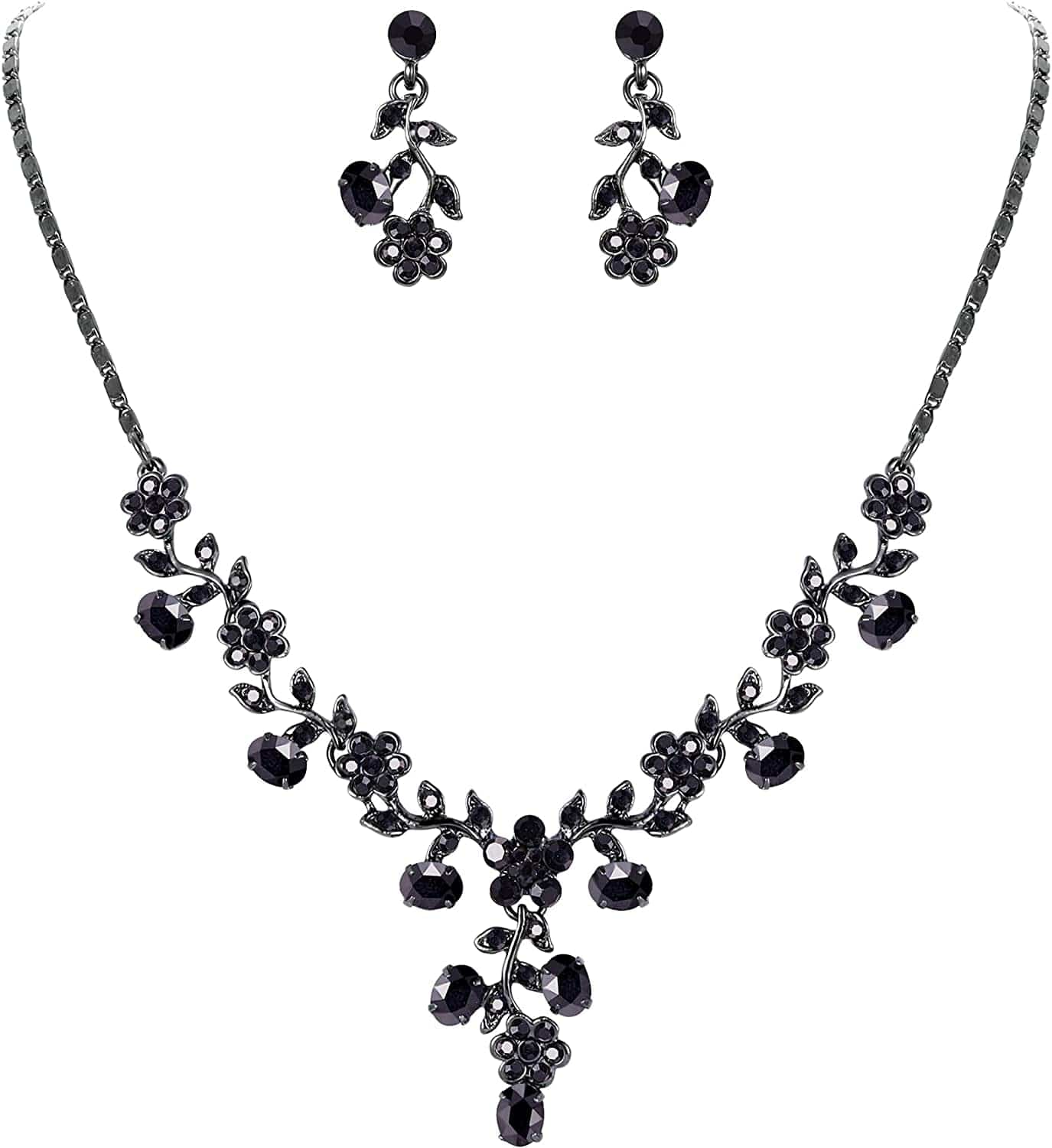 EVER FAITH Flower Leaf Necklace Earrings Set Austrian Crystal 2_Black Black-Tone
