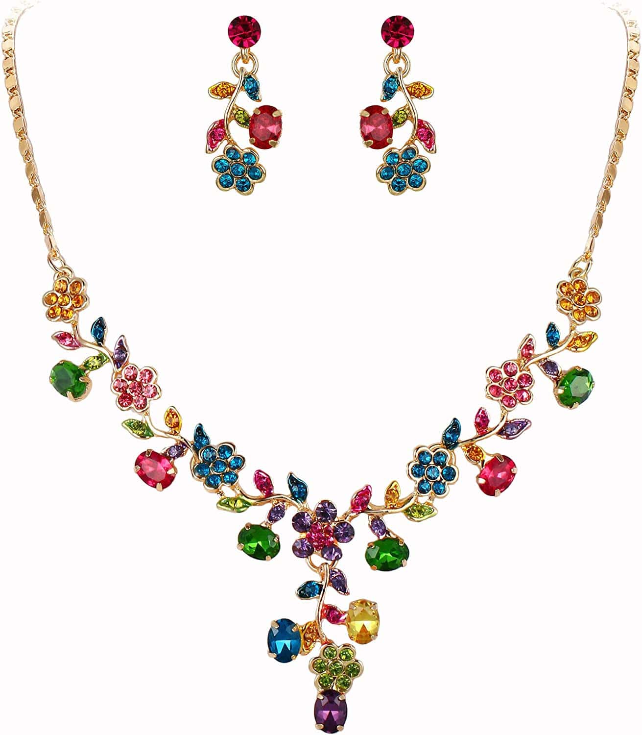 EVER FAITH Flower Leaf Necklace Earrings Set Austrian Crystal 3_Multicolor Gold-Tone