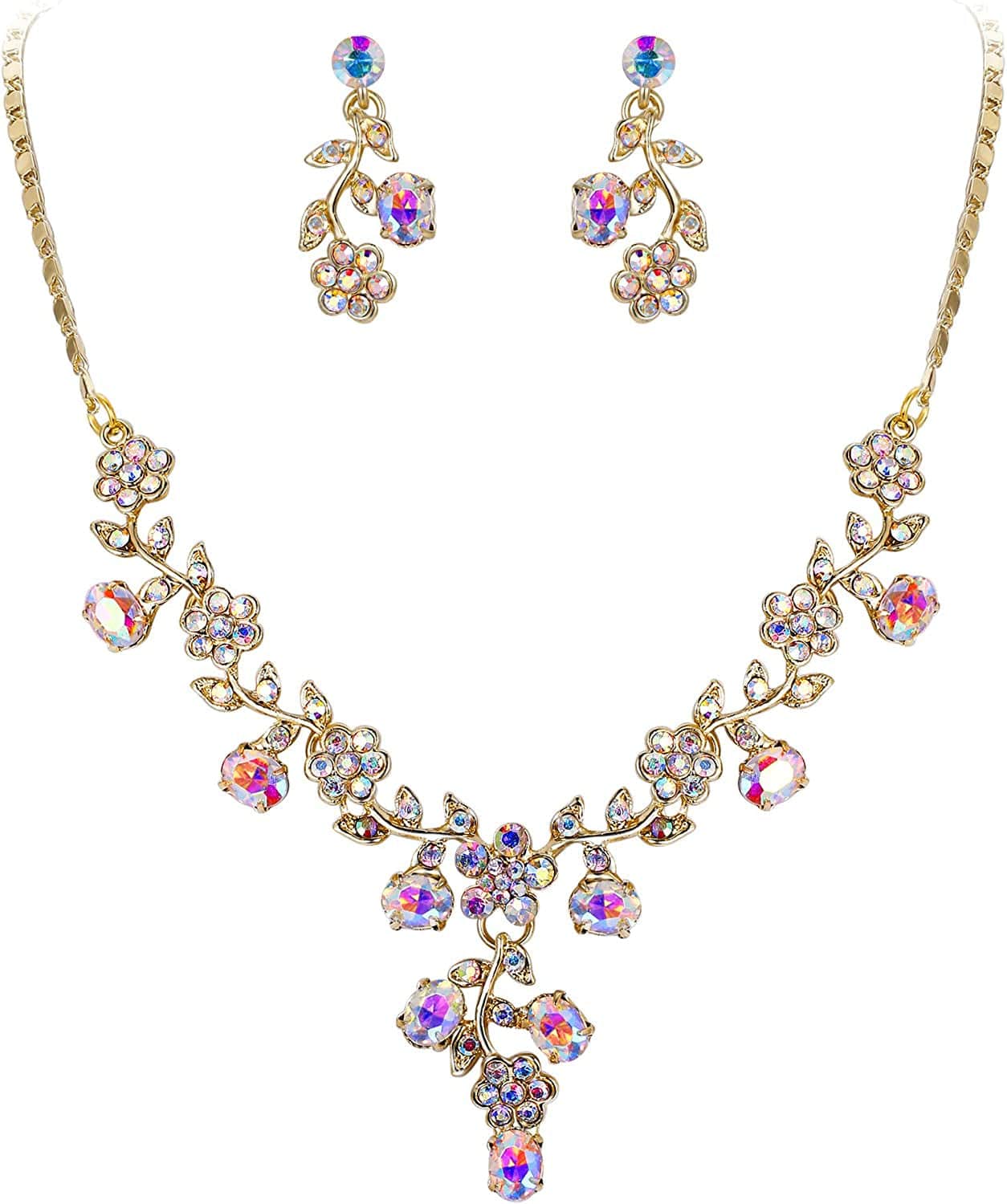 EVER FAITH Flower Leaf Necklace Earrings Set Austrian Crystal 6_Iridescent Clear AB Gold-Tone