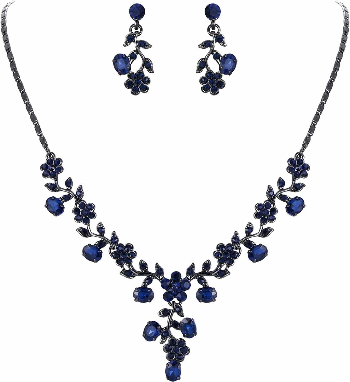 EVER FAITH Flower Leaf Necklace Earrings Set Austrian Crystal 1_Blue Black-Tone