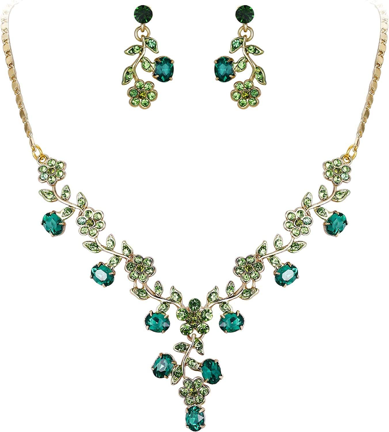 EVER FAITH Flower Leaf Necklace Earrings Set Austrian Crystal 13_Green Gold-Tone