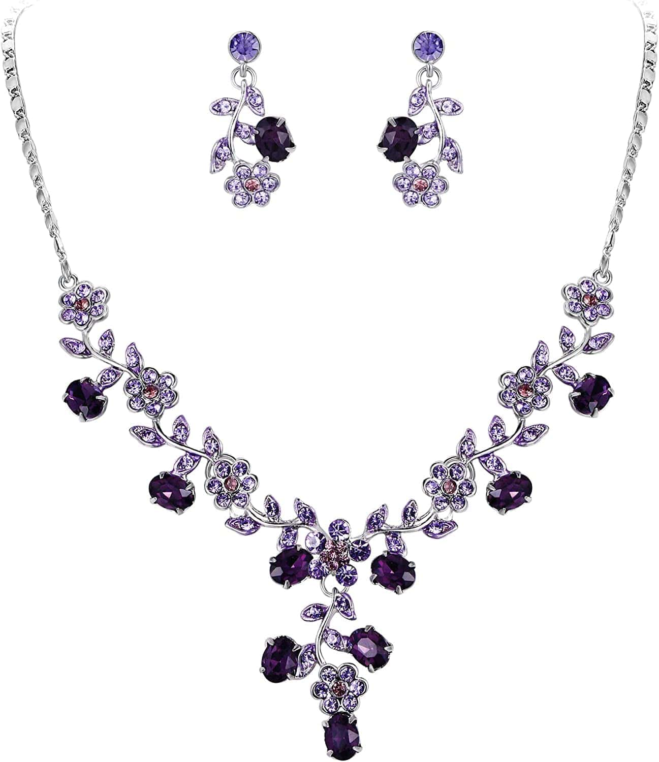EVER FAITH Flower Leaf Necklace Earrings Set Austrian Crystal 10_Purple Silver-Tone