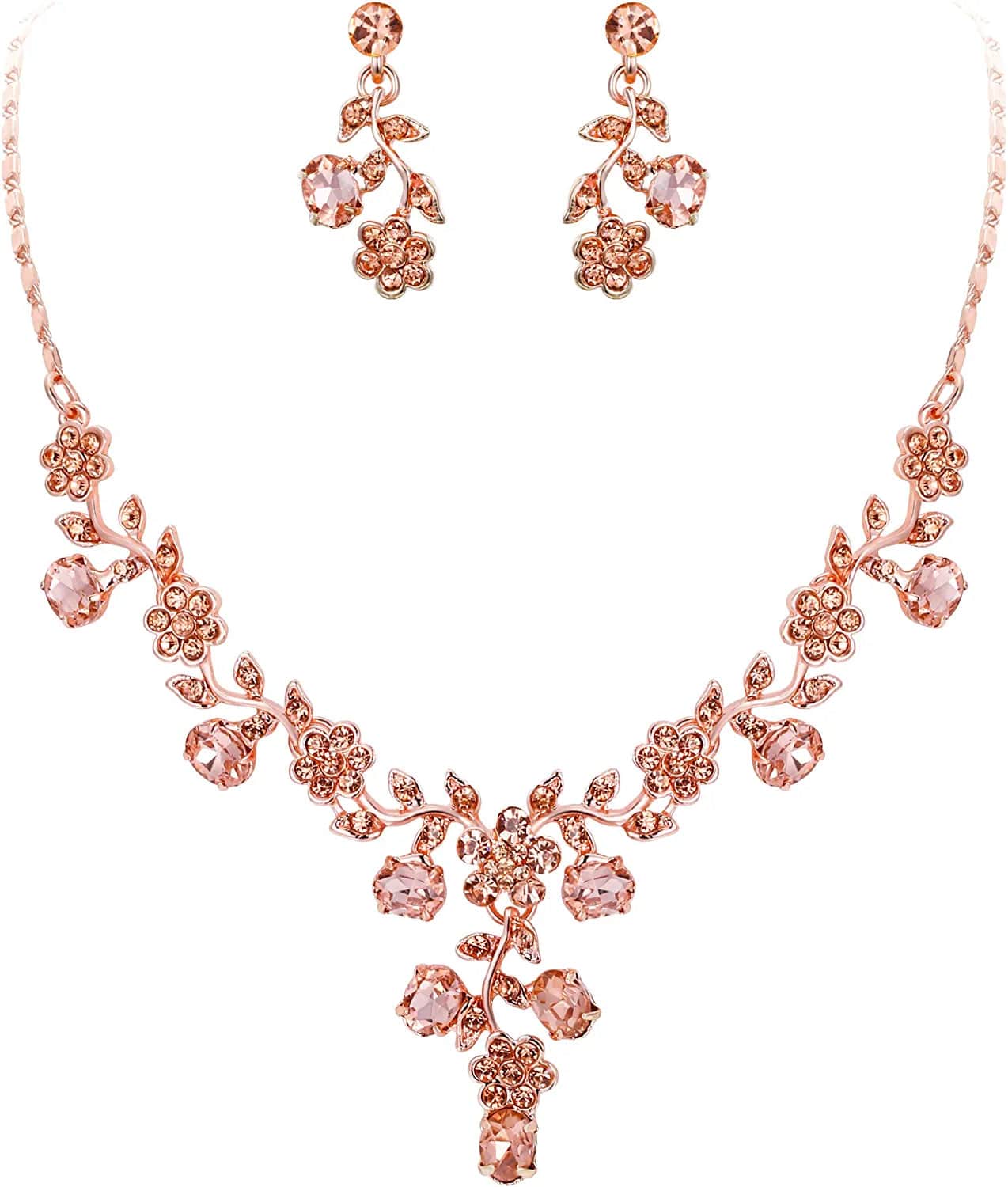 EVER FAITH Flower Leaf Necklace Earrings Set Austrian Crystal 16_Champagne Rose Gold-Tone