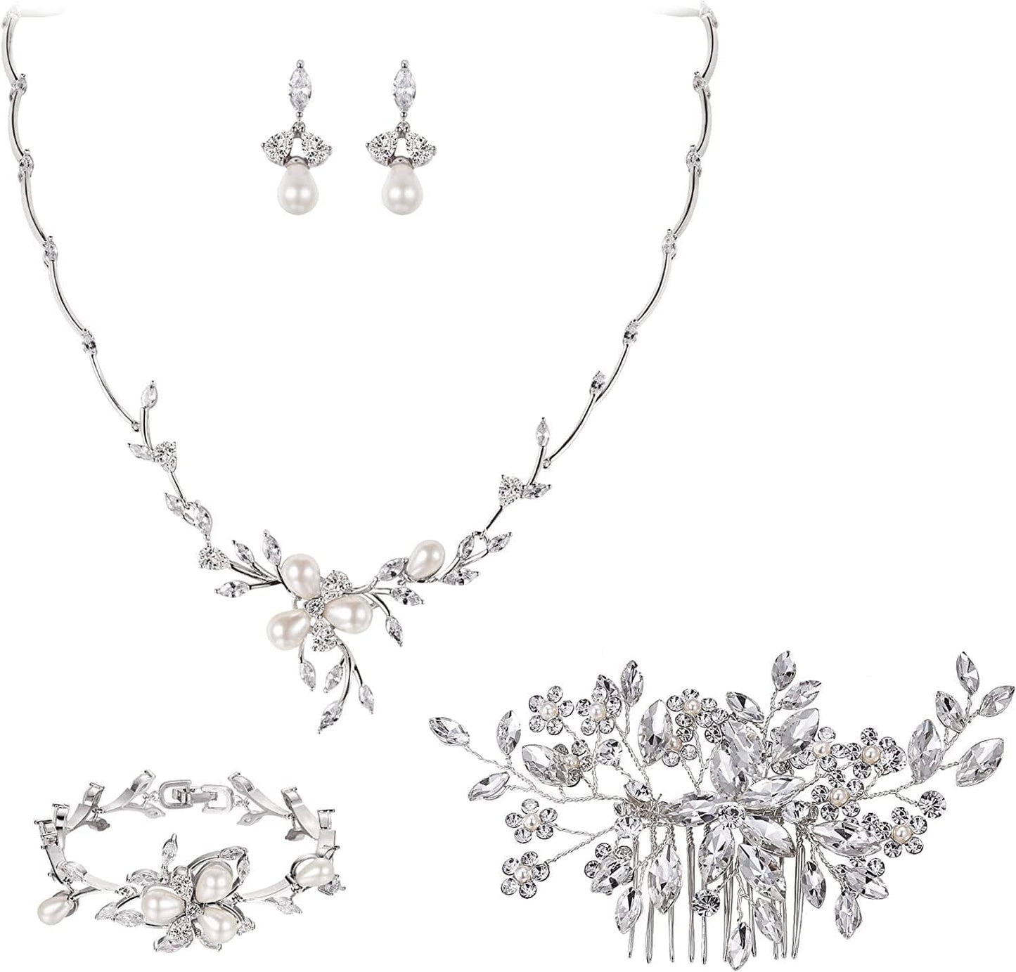 EVER FAITH Marquise CZ Simulated Pearl Bridal Flower Leaf Filigree Necklace Earrings Bracelet Set Necklace+Earring+Bracelet+Hair Comb