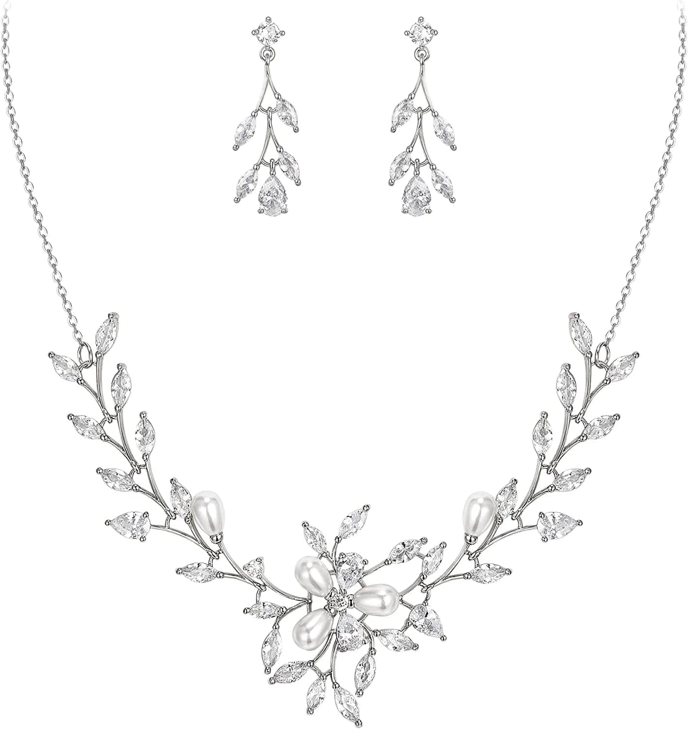 EVER FAITH Marquise CZ Simulated Pearl Bridal Flower Leaf Filigree Necklace Earrings Bracelet Set Necklace+Earring_Clear