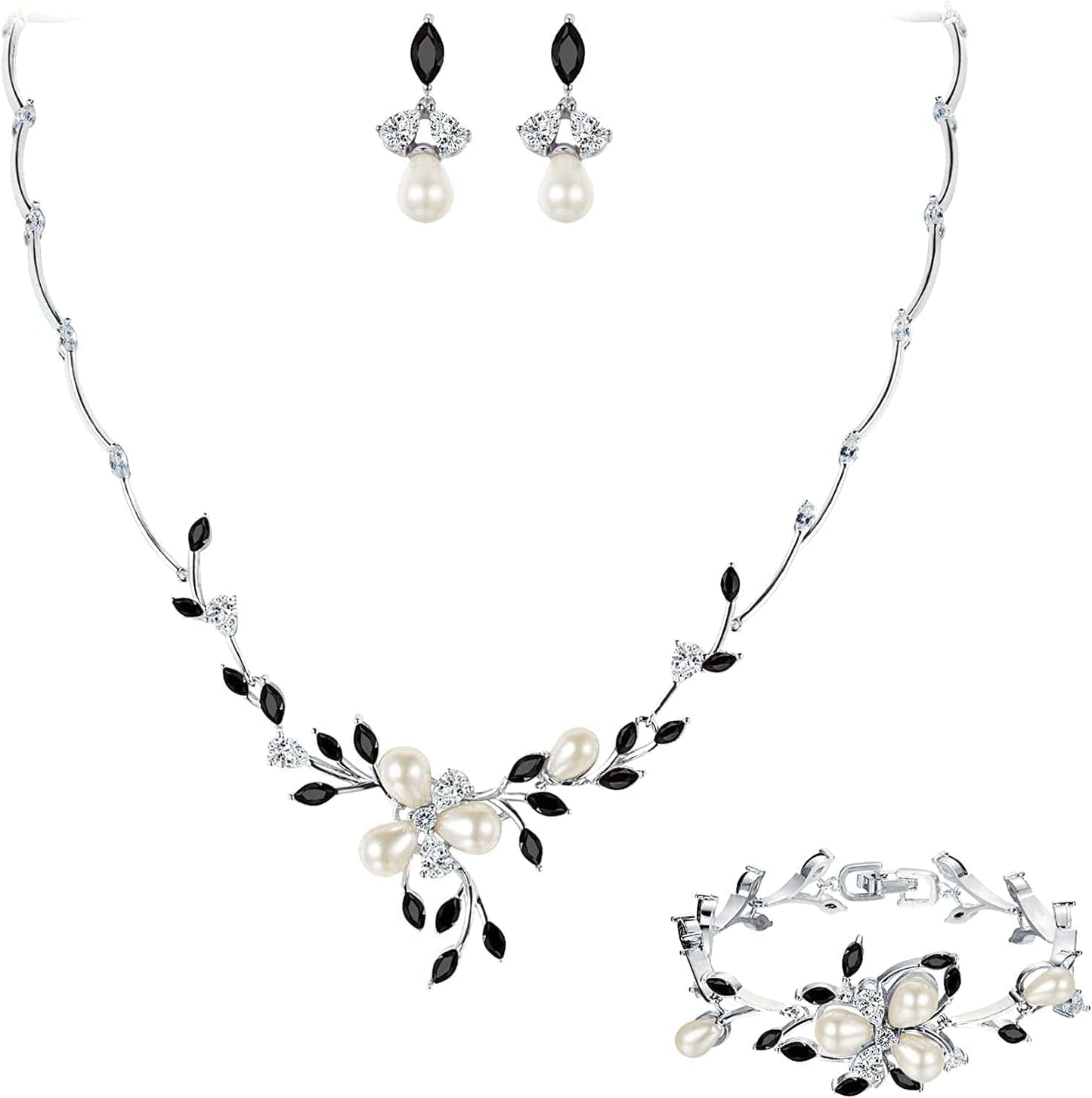 EVER FAITH Marquise CZ Simulated Pearl Bridal Flower Leaf Filigree Necklace Earrings Bracelet Set Necklace+Earring+Bracelet_Black