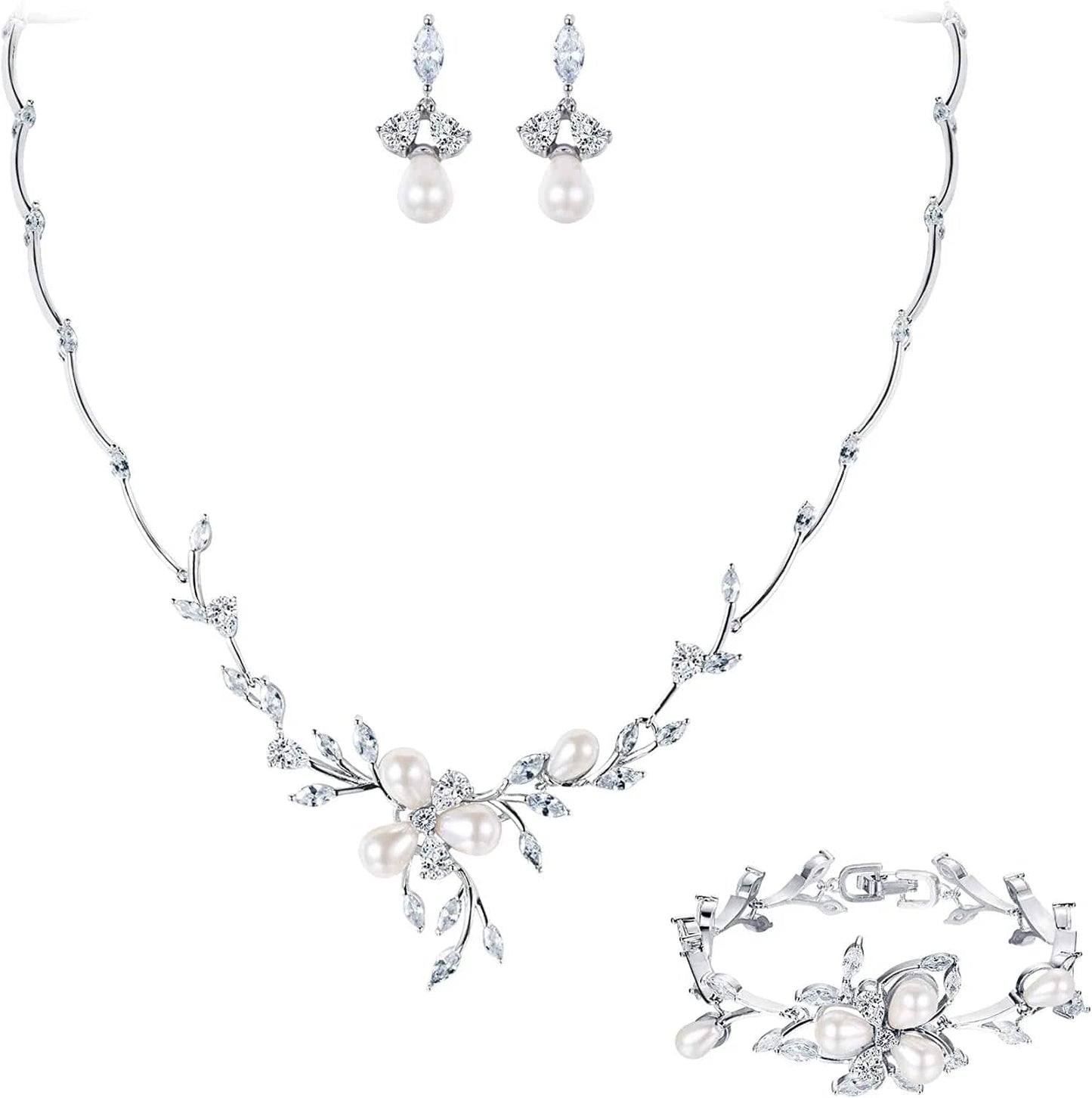 EVER FAITH Marquise CZ Simulated Pearl Bridal Flower Leaf Filigree Necklace Earrings Bracelet Set Earring+Necklace+Bracelet_Clear