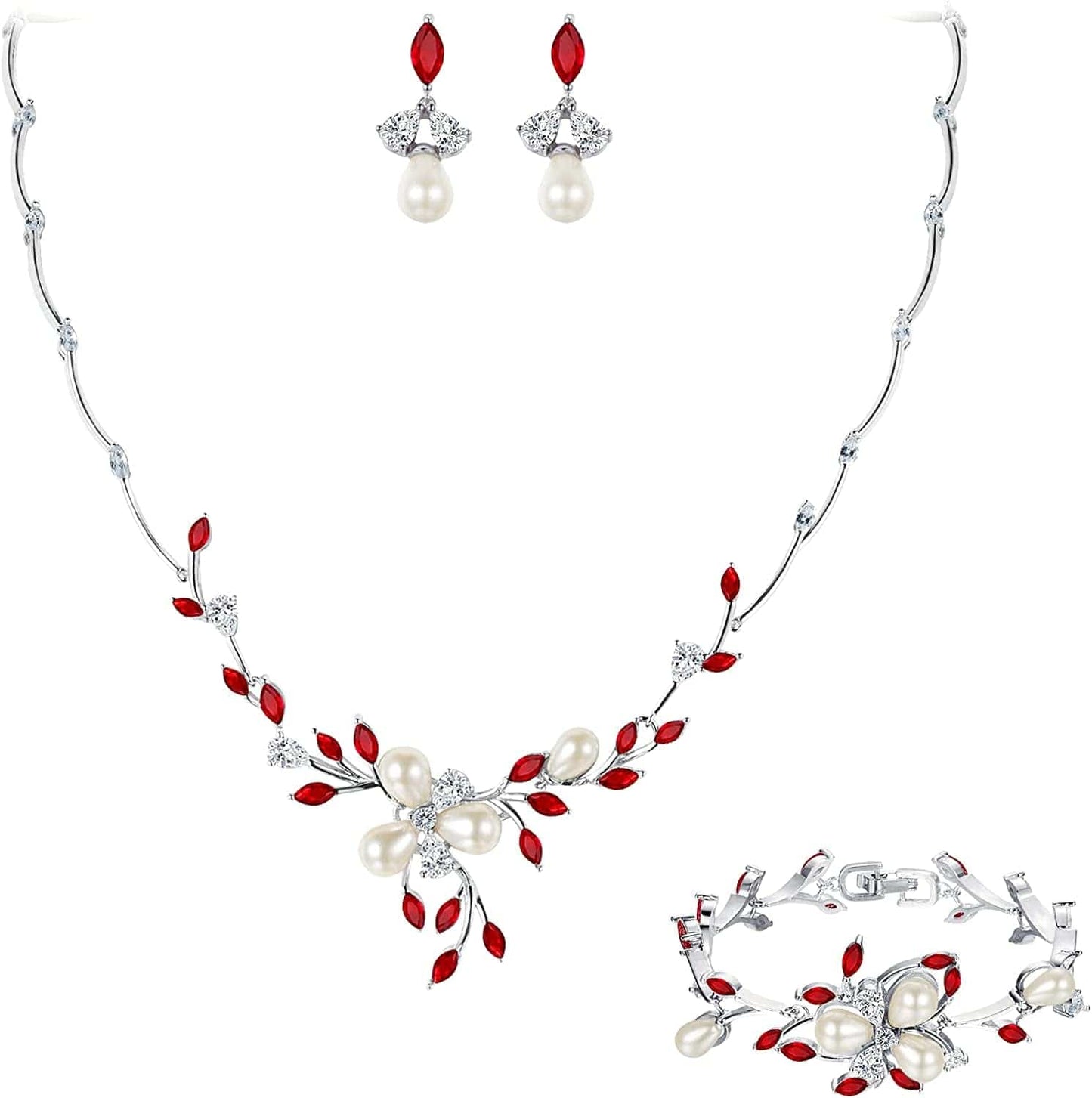 EVER FAITH Marquise CZ Simulated Pearl Bridal Flower Leaf Filigree Necklace Earrings Bracelet Set Necklace+Earring+Bracelet_Red