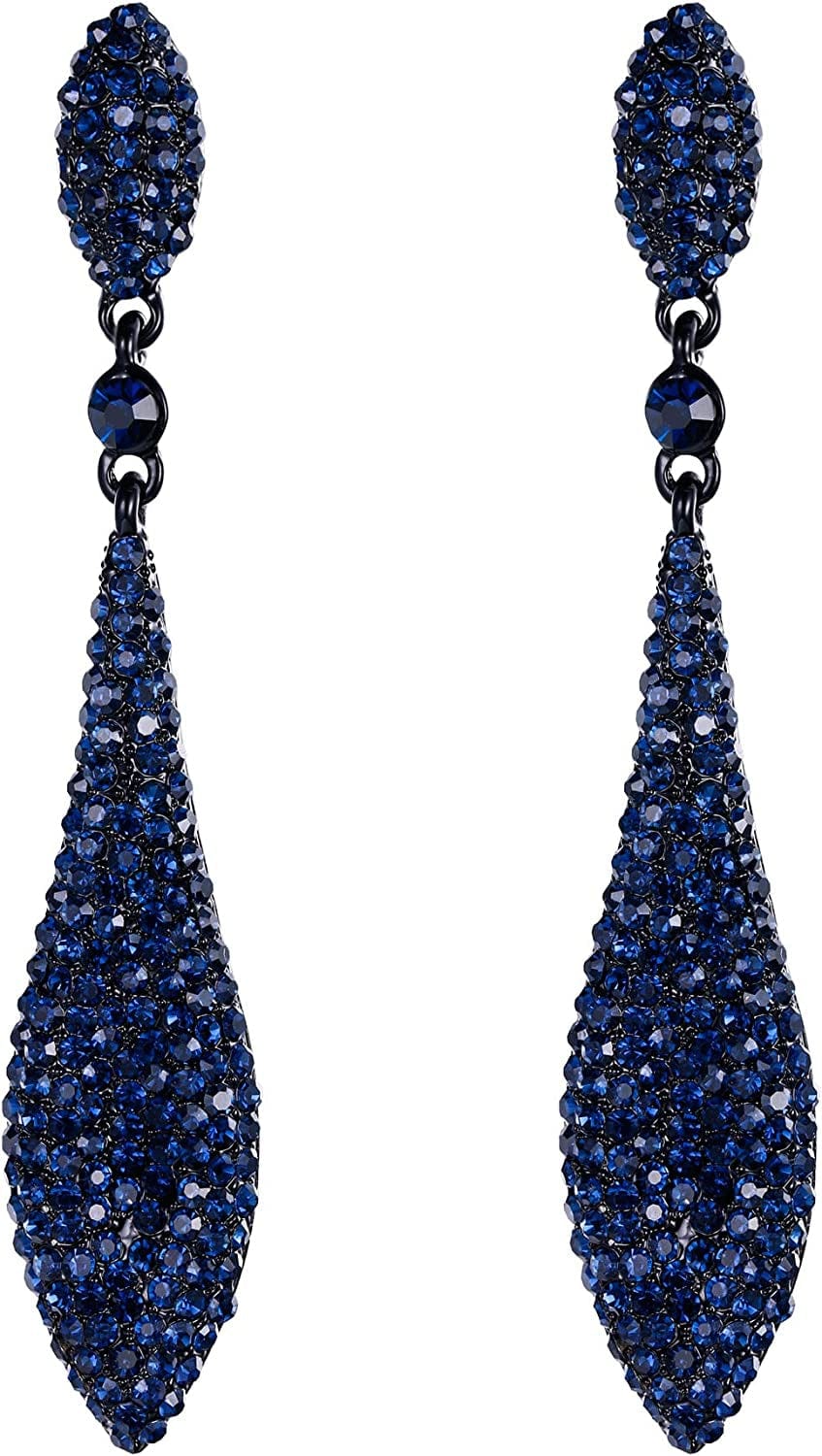 EVER FAITH Women'S Austrian Crystal Double Waterdrop Pierced Dangle Earrings 1_Dark Blue Black-Tone