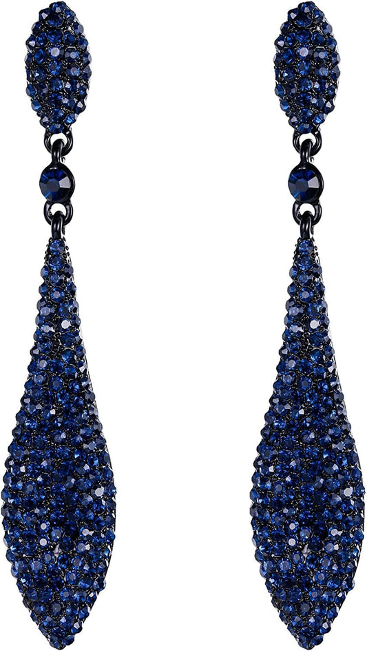 EVER FAITH Women'S Austrian Crystal Double Waterdrop Pierced Dangle Earrings 1_Dark Blue Black-Tone