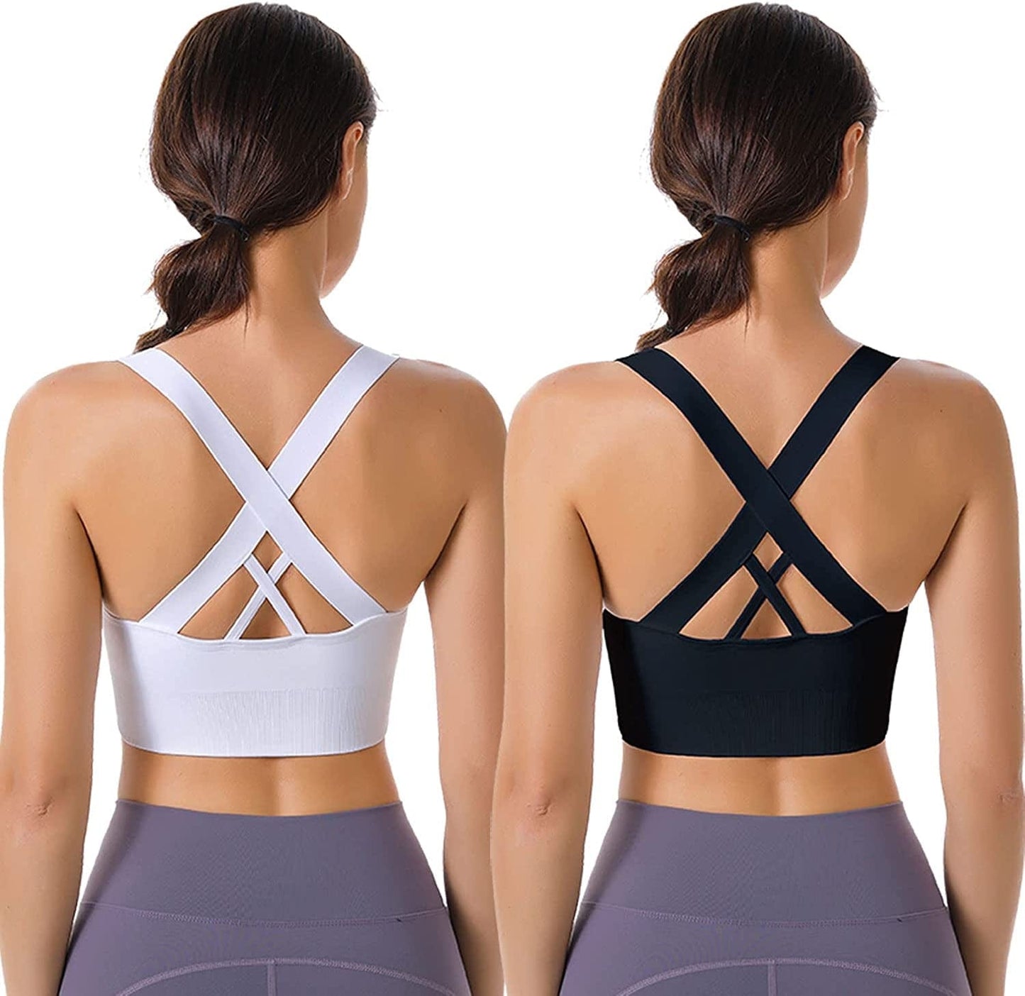 Evercute Sports Bra for Women Padded Medium Support Criss Cross Strappy Bras Seamless High Impact Yoga Exercise Athletic Bras White Black 2 Pack / X-Large