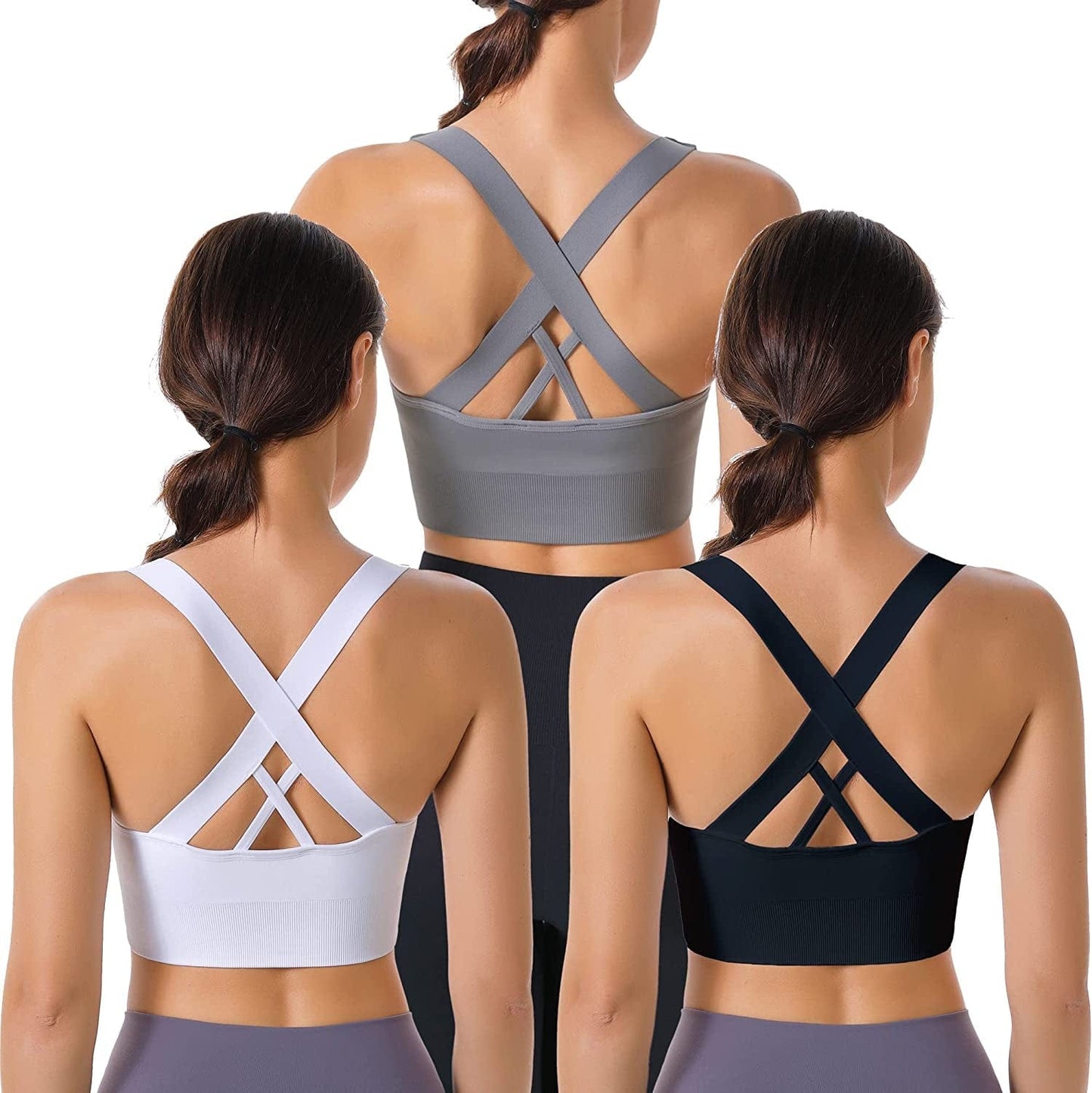Evercute Sports Bra for Women Padded Medium Support Criss Cross Strappy Bras Seamless High Impact Yoga Exercise Athletic Bras Black White Gray 3 Pack / Large