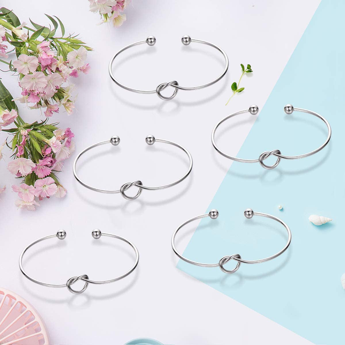 Bridesmaid Bracelets-Ikooo 5 Pcs Love Knot Open Bangle with Bride Tribe Hair Tie for Best Friend, BFF of the Bride Wedding Gift Apparel & Accessories > Jewelry > Bracelets MOOKOO