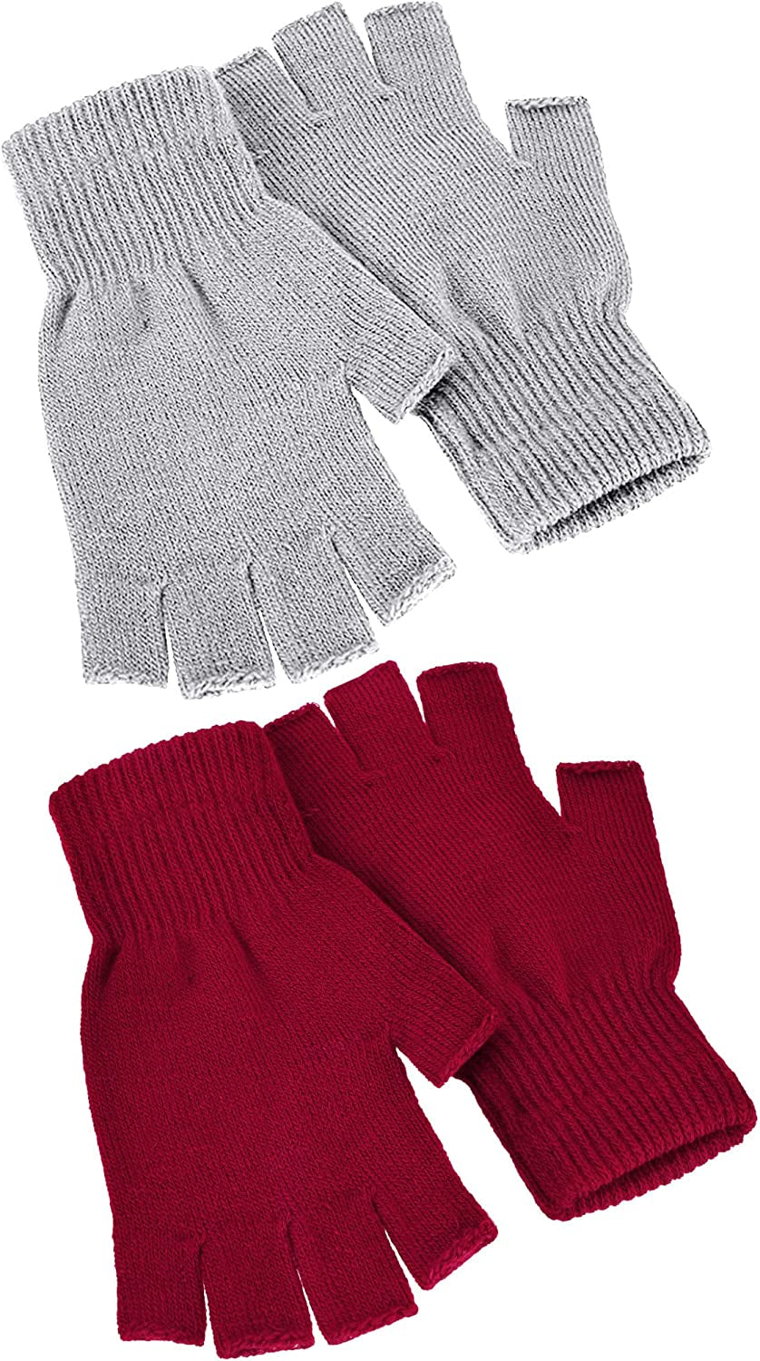 Satinior 2 Pair Unisex Half Finger Gloves Winter Stretchy Knit Fingerless Gloves in Common Size Apparel & Accessories > Clothing Accessories > Gloves & Mittens SATINIOR Gray, Wine Red