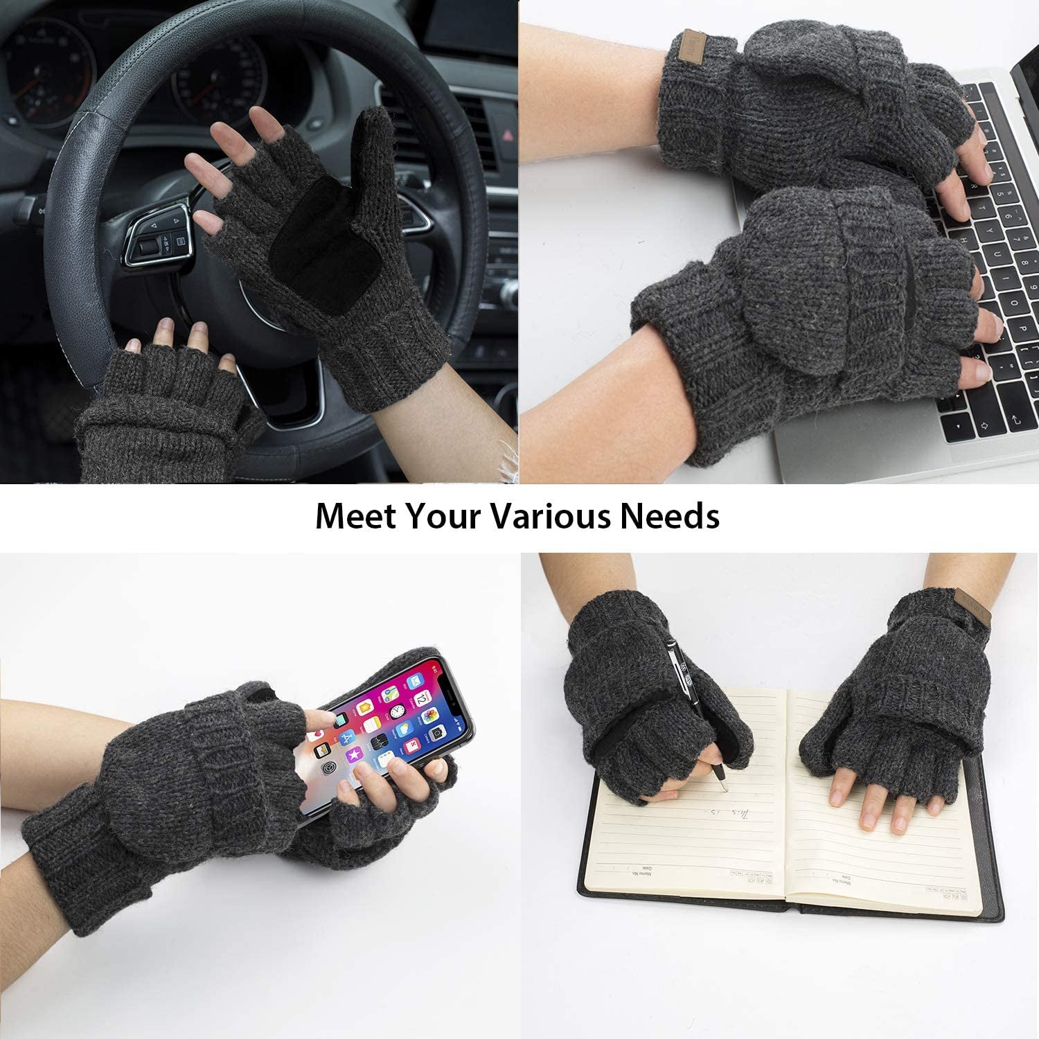 Winter Knitted Convertible Fingerless Gloves Wool Mittens Warm Mitten Glove for Women and Men Apparel & Accessories > Clothing Accessories > Gloves & Mittens ViGrace