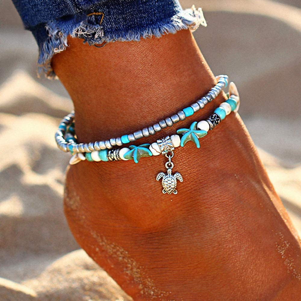 Softones Blue Starfish Turtle Anklet Multilayer Charm Beads Sea Handmade Boho Anklet Foot Jewelry for Women Girl Apparel & Accessories > Jewelry > Anklets Softones