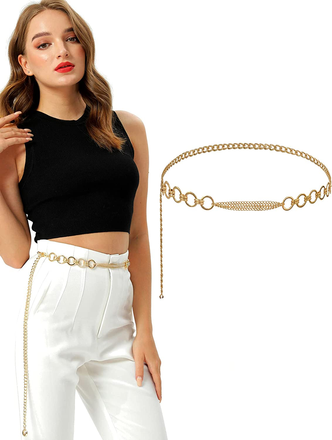 FAN&LOUIS Gold Waist Chain Belt for Women Dresses Metal Link Dangling Cinturones De Mujer Apparel & Accessories > Jewelry > Body Jewelry FAN&LOUIS Circle L: Fit waist 40"- 46"