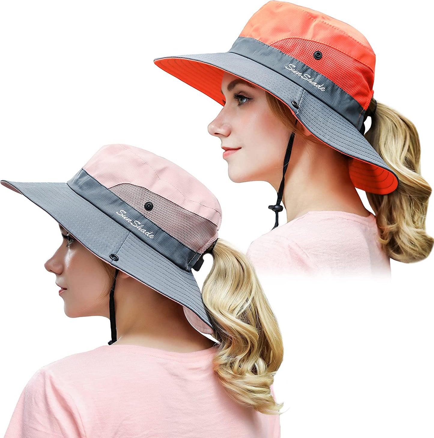 Muryobao 2 Pack Women Ponytail Summer Sun Hat UV Protection Wide Brim Foldable Safari Fishing Cap Apparel & Accessories > Clothing Accessories > Hats Muryobao 2 Pack - Orange & Pink