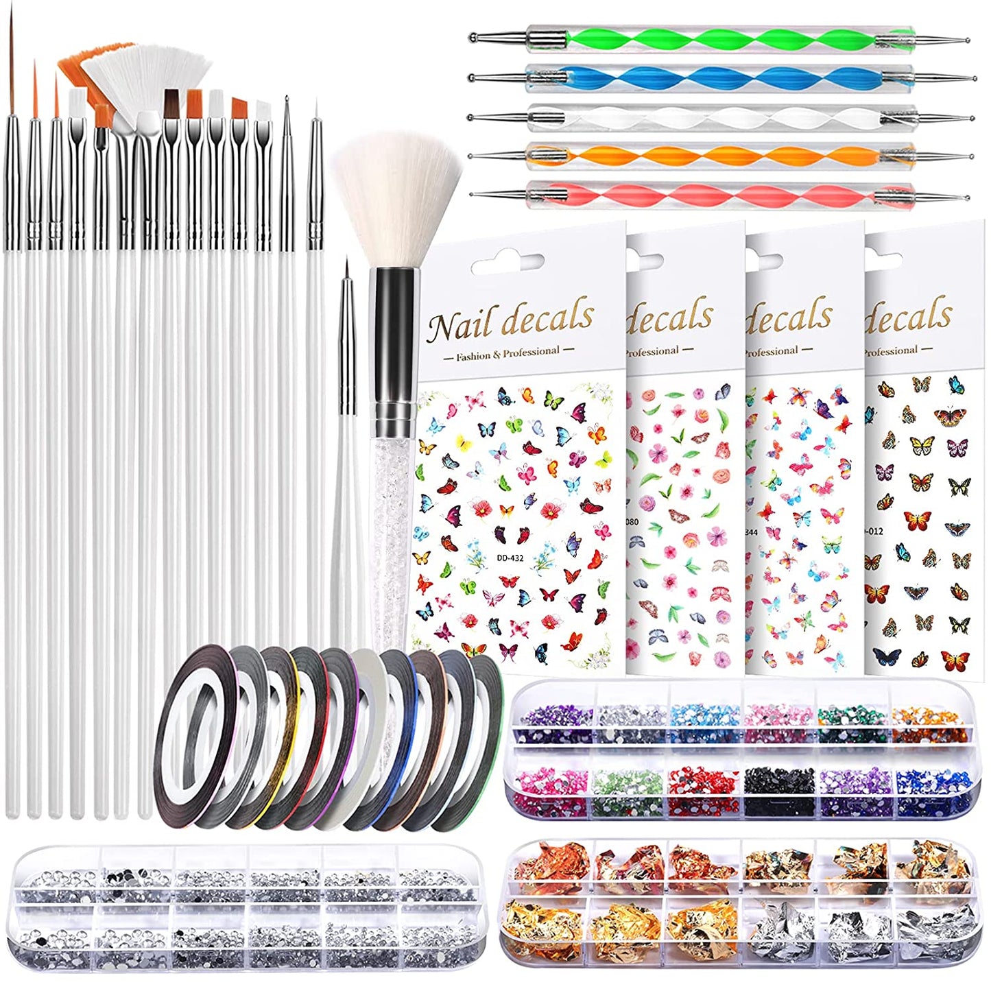Nail Art Brushes, Nail Dotting Tools, Nail Dust Brush, Teenitor Nail Art Kit for Beginners, Butterfly Nail Art Stickers, Nail Art Rhinestone, Nail Art Foil, Nail Art Striping Tapes, Nail Design Kit Health & Beauty > Personal Care > Cosmetics > Cosmetic Tools > Nail Tools Teenitor White