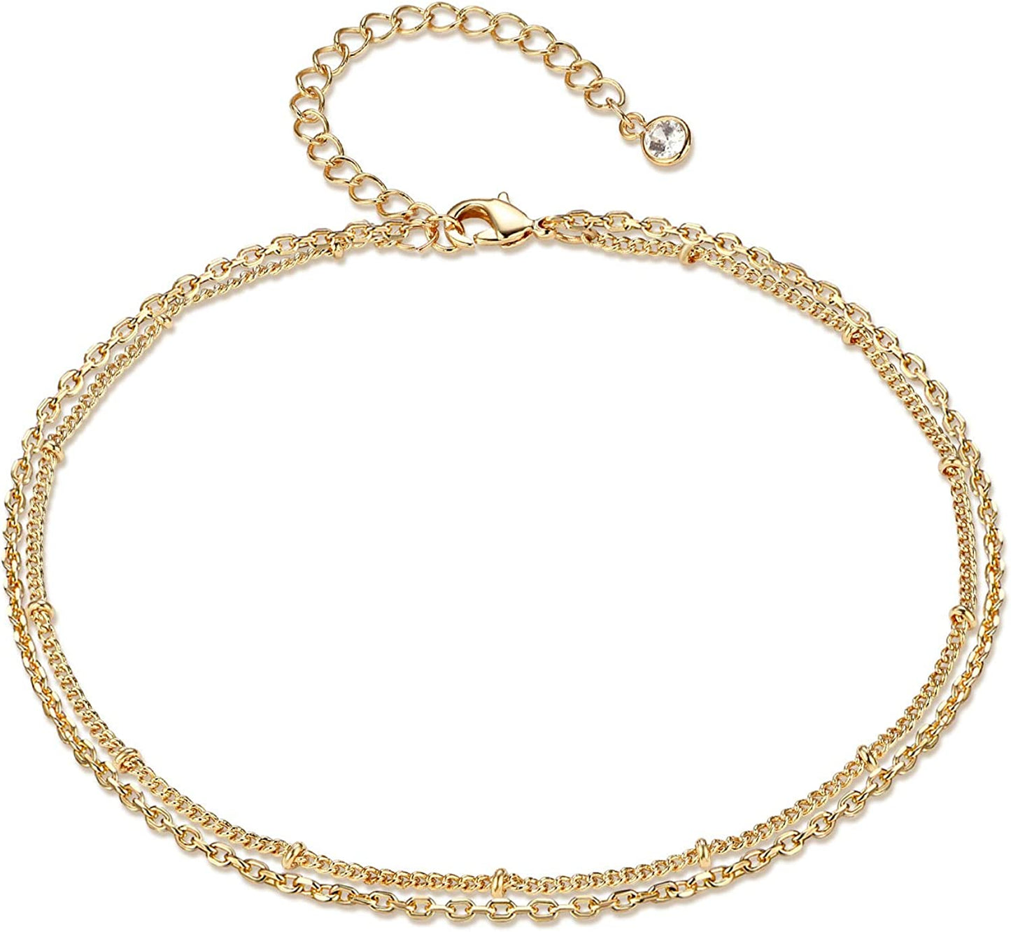 LOYATA Dainty Ankle Bracelet,14K Gold Plated Tiny Bead Anklet Dainty White Cubic Zirconia Cross Tassel Foot Chain Cute Lucky Moon Evil Eye Foot Jewelry Boho Anklets for Women Apparel & Accessories > Jewelry > Anklets LOYATA A double chain