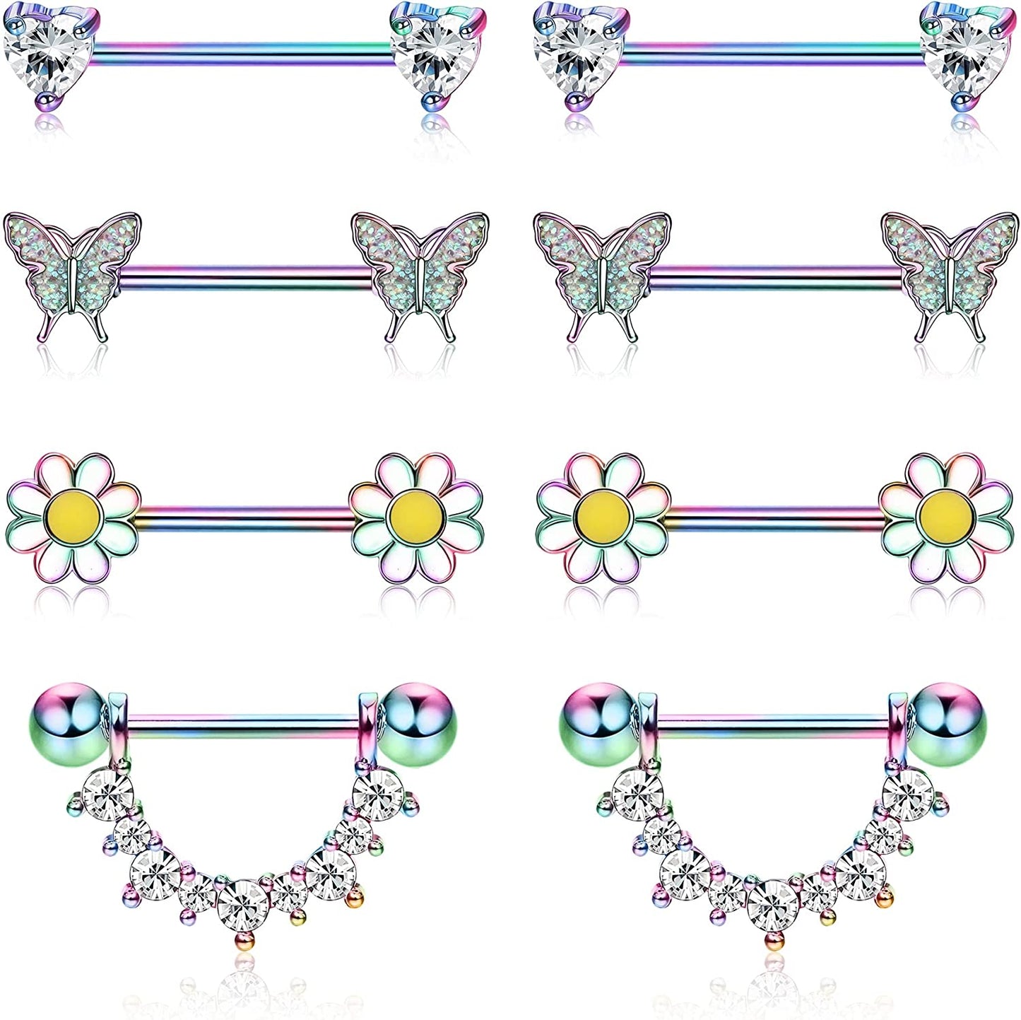 FINREZIO 4Pairs 14G Nipple Rings 316L Surgical Steel Flower Nipple Tongue Ring Barbell Piercing for Women Body Piercing Jewelry Apparel & Accessories > Jewelry > Body Jewelry FINREZIO Color