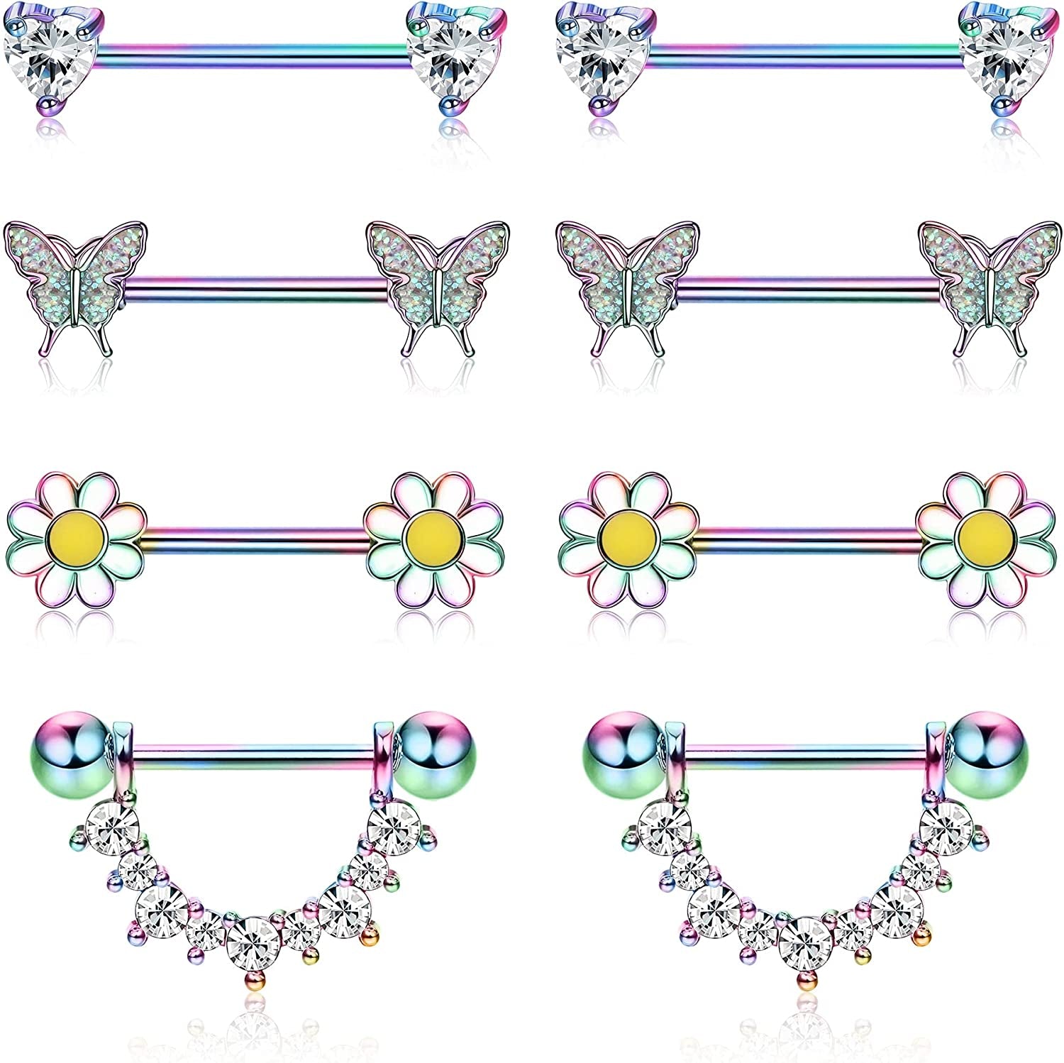 FINREZIO 4Pairs 14G Nipple Rings 316L Surgical Steel Flower Nipple Tongue Ring Barbell Piercing for Women Body Piercing Jewelry Apparel & Accessories > Jewelry > Body Jewelry FINREZIO Color