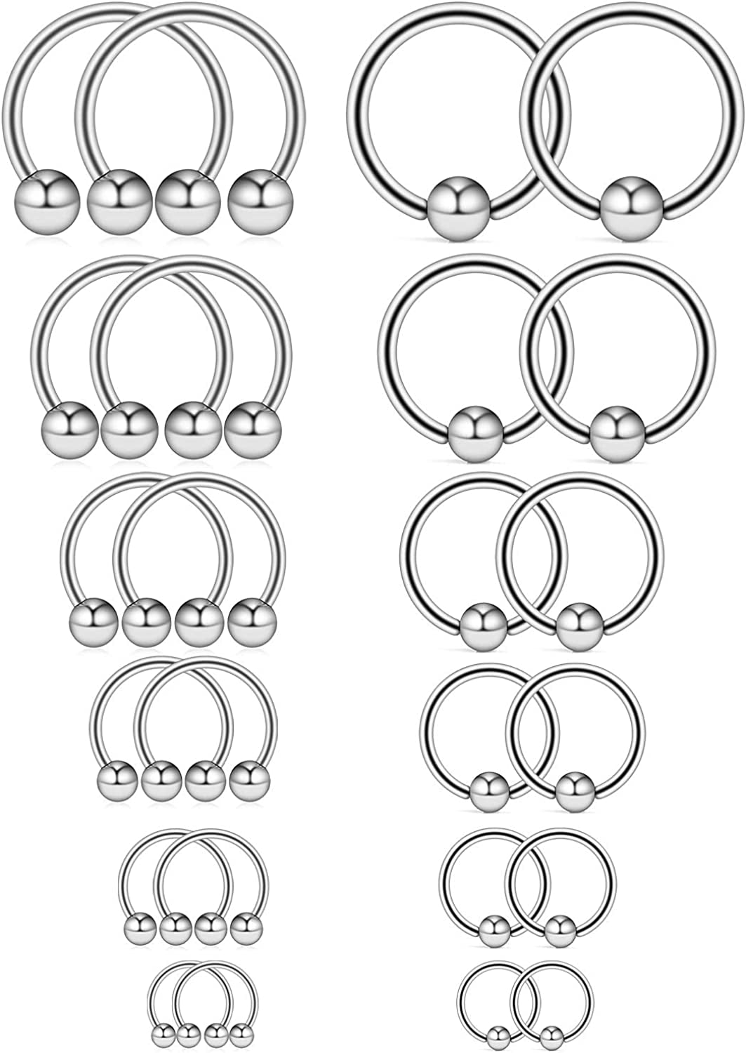 Ruifan 16-24PCS 16G Surgical Steel Horseshoe & Captive Bead Nose Hoop Septum Earring Eyebrow Tongue Lip Nipple Helix Tragus Piercing Jewelry Rings 6-16Mm Apparel & Accessories > Jewelry > Rings Ruifan 24PCS - Silver