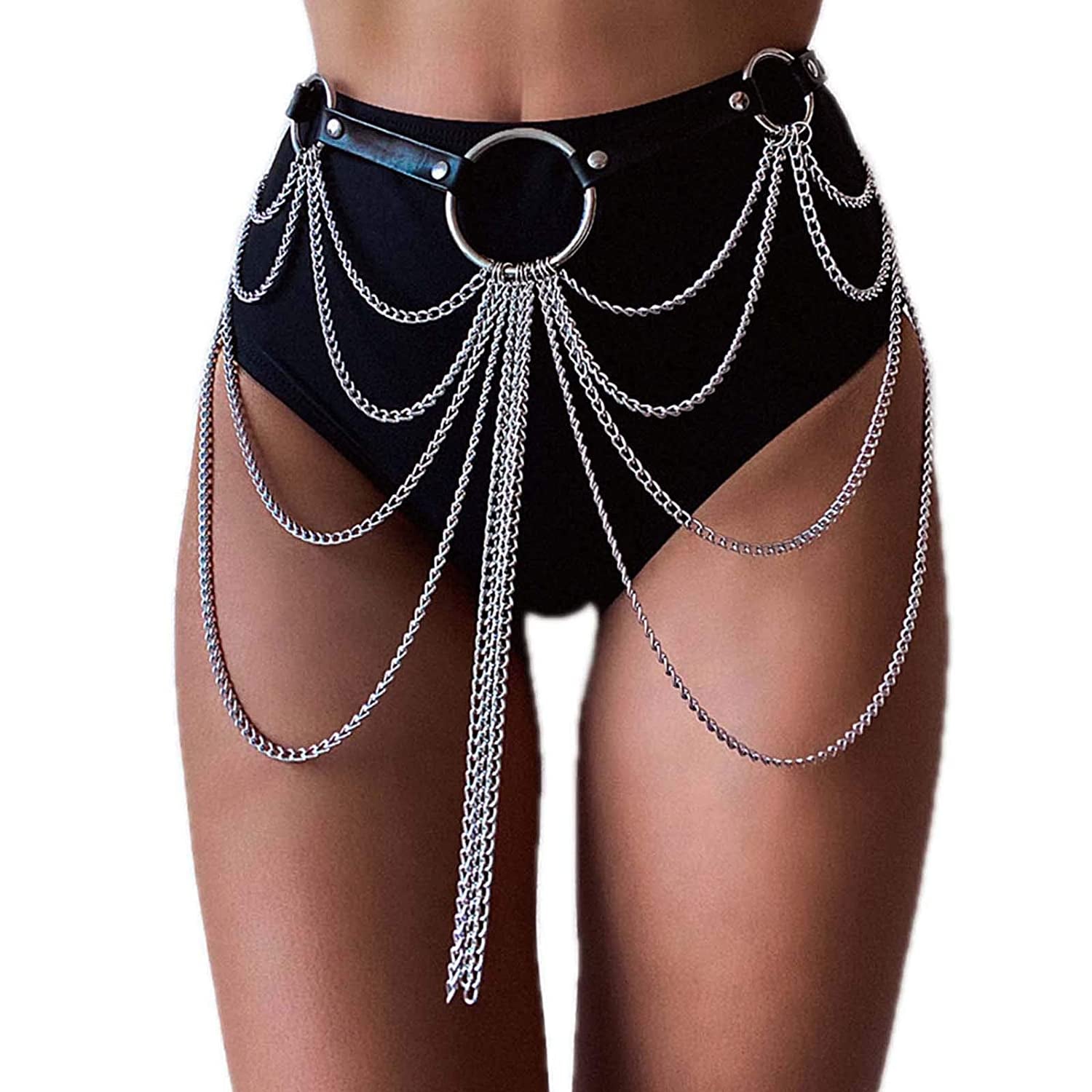 Reetan Punk Leather Body Chains Black Waist Chain Layered Nightclub Ring Belt Belly Chains Rave Party Body Jewelry Accessories for Women and Girls (A) Apparel & Accessories > Jewelry > Body Jewelry REETAN B