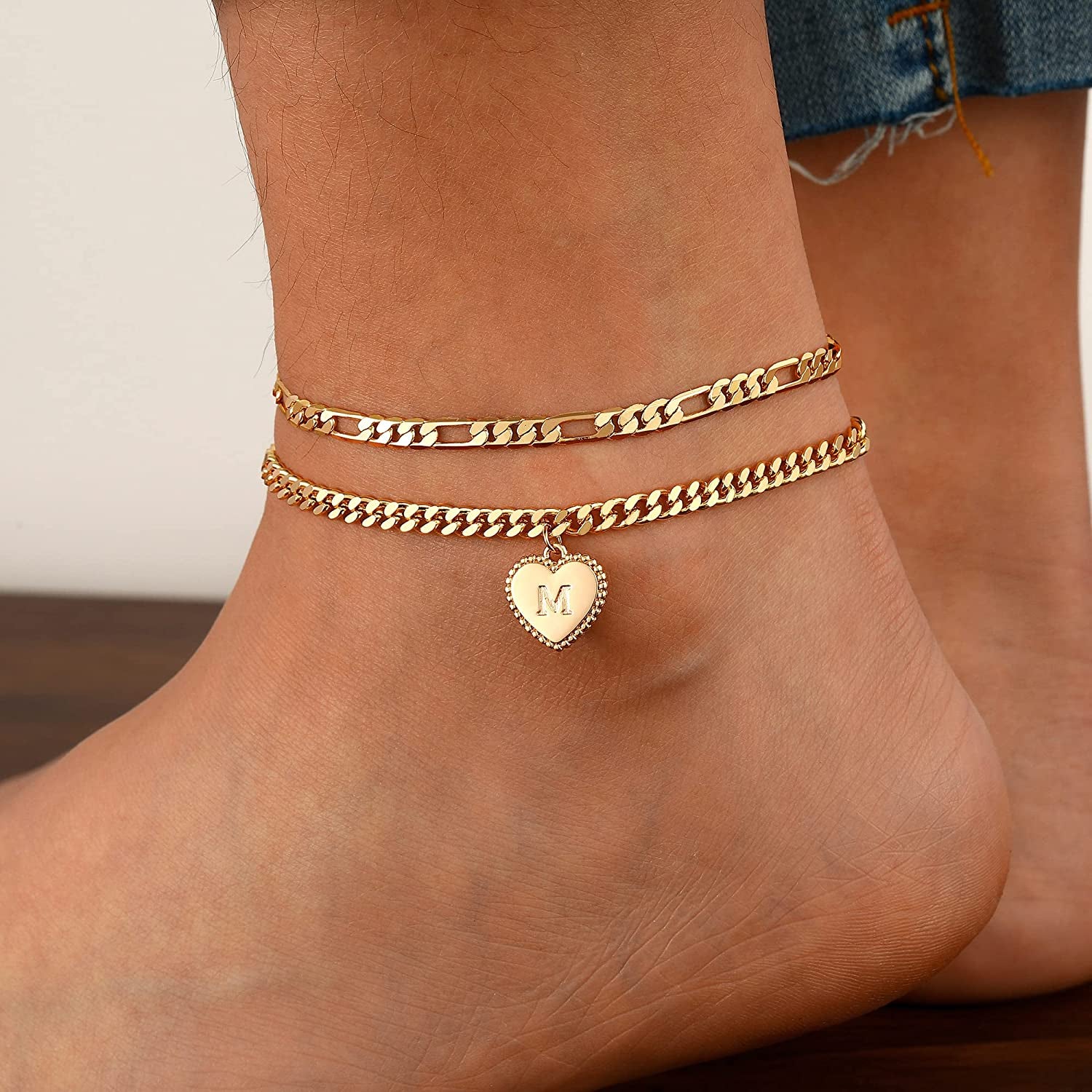 Gold Initial Ankle Bracelets for Women 14K Gold Plated Heart Initial Charm Gold Anklets for Women Cuban Link Chain Initial Anklet Bracelets for Women Figaro Chain Anklet Apparel & Accessories > Jewelry > Anklets BRIJEWLIC