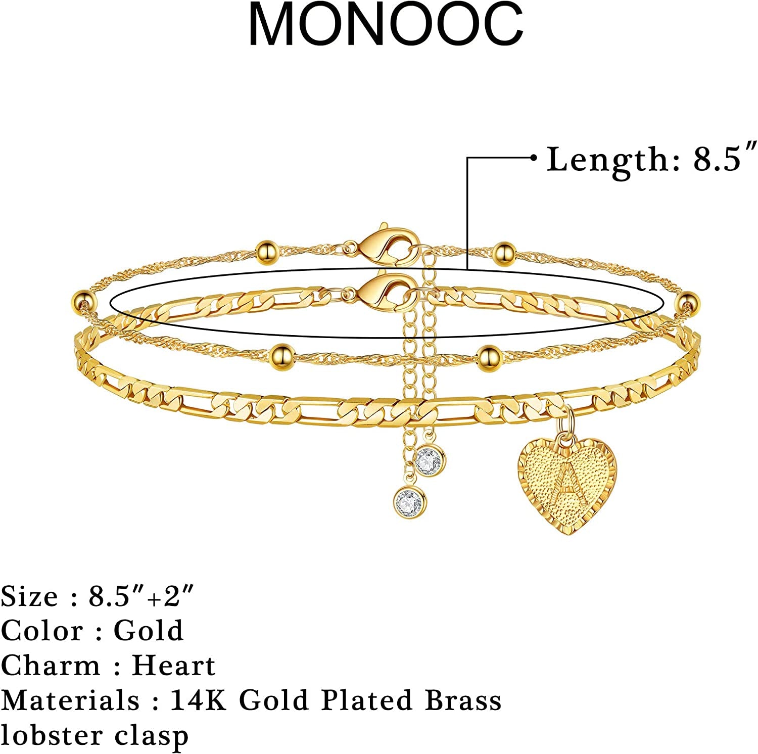 Heart Ankle Bracelets for Women, 14K Gold Filled Layered Figaro Chain Anklet Initial Heart Pendant Anklet Gold Anklets for Women Beach Summer Anklet Foot Jewelry with Extension Apparel & Accessories > Jewelry > Anklets MONOOC