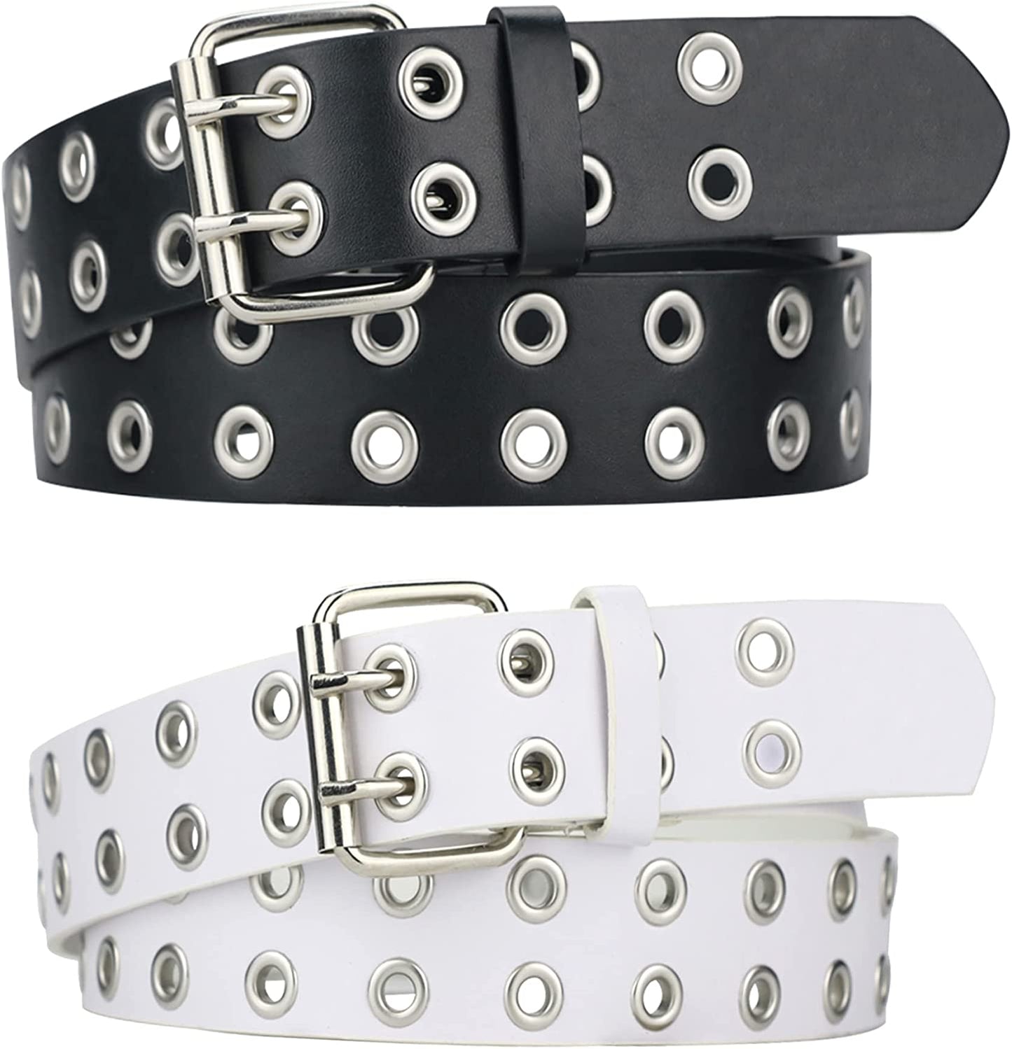 Grommet Leather Belts for Women, Black Belt Women Men with Double Studded Holes Apparel & Accessories > Clothing Accessories > Belts macoking Black+white-double Holes Fit for waist up to 33"