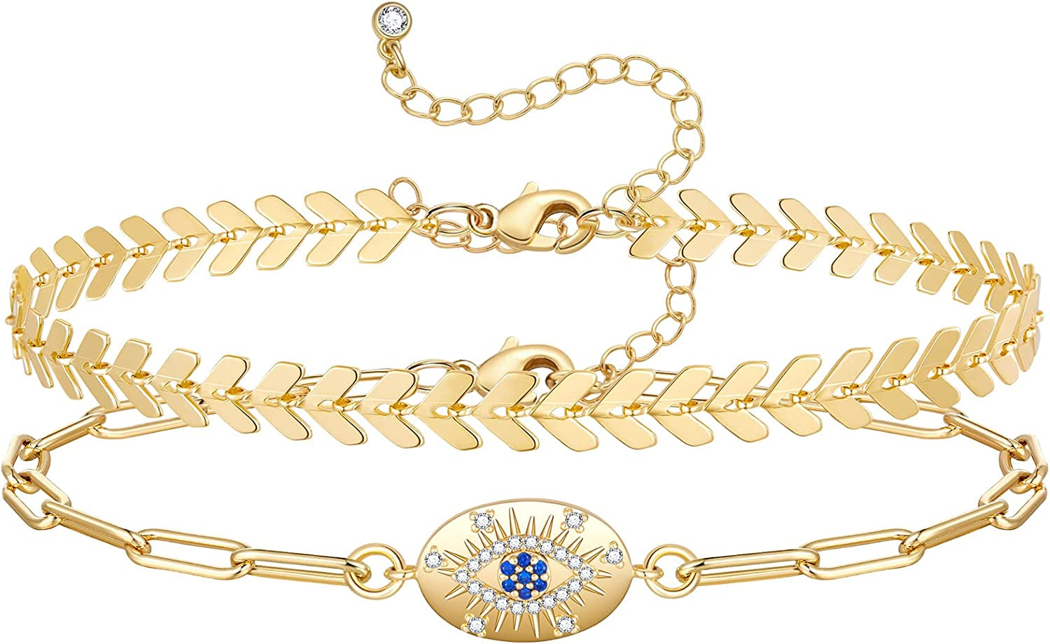 Kissyan Gold Layered Ankle Bracelets for Women, Dainty 14K Gold Plated Layering Anklets Set Adjustable Fashion Cuban Link Snake Tennis Chain Ankles Summer Beach Foot Jewelry Gifts for Women Girls Apparel & Accessories > Jewelry > Anklets KissYan W-Oval Evil Eye
