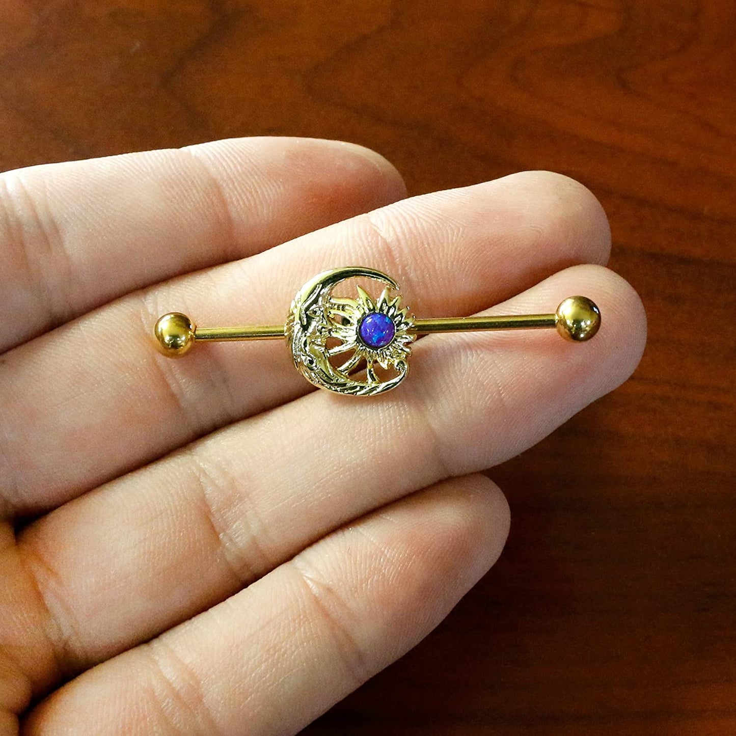 Body Candy Gold Anodized Steel Purple Synthetic Opal Moon Sun Helix Earring Industrial Barbell 14 Gauge 38Mm Apparel & Accessories > Jewelry > Body Jewelry Body Candy