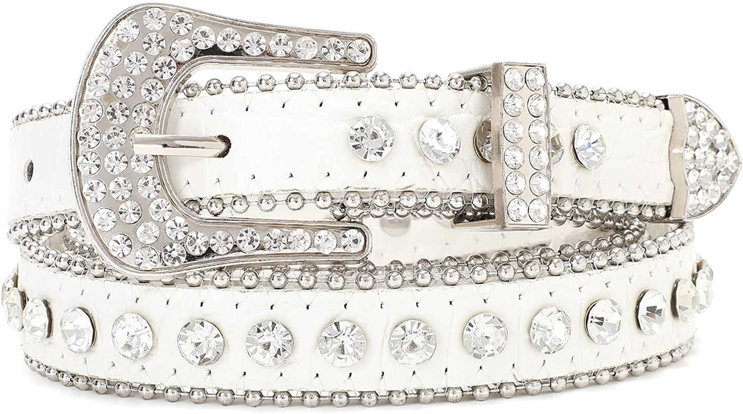 Men Women Fashion Rhinestone Belt SUOSDEY Western Cowgirl Bling Studded Design Leather Diamond Belt for Jeans Dress Apparel & Accessories > Clothing Accessories > Belts SUOSDEY 14:white M:fits waist size 33''-37''