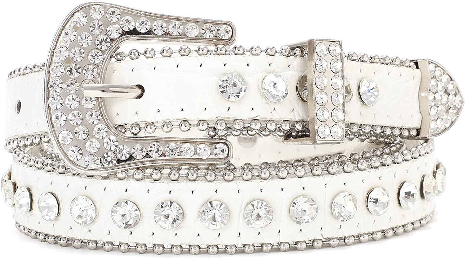 Men Women Fashion Rhinestone Belt SUOSDEY Western Cowgirl Bling Studded Design Leather Diamond Belt for Jeans Dress Apparel & Accessories > Clothing Accessories > Belts SUOSDEY 14:white M:fits waist size 33''-37''