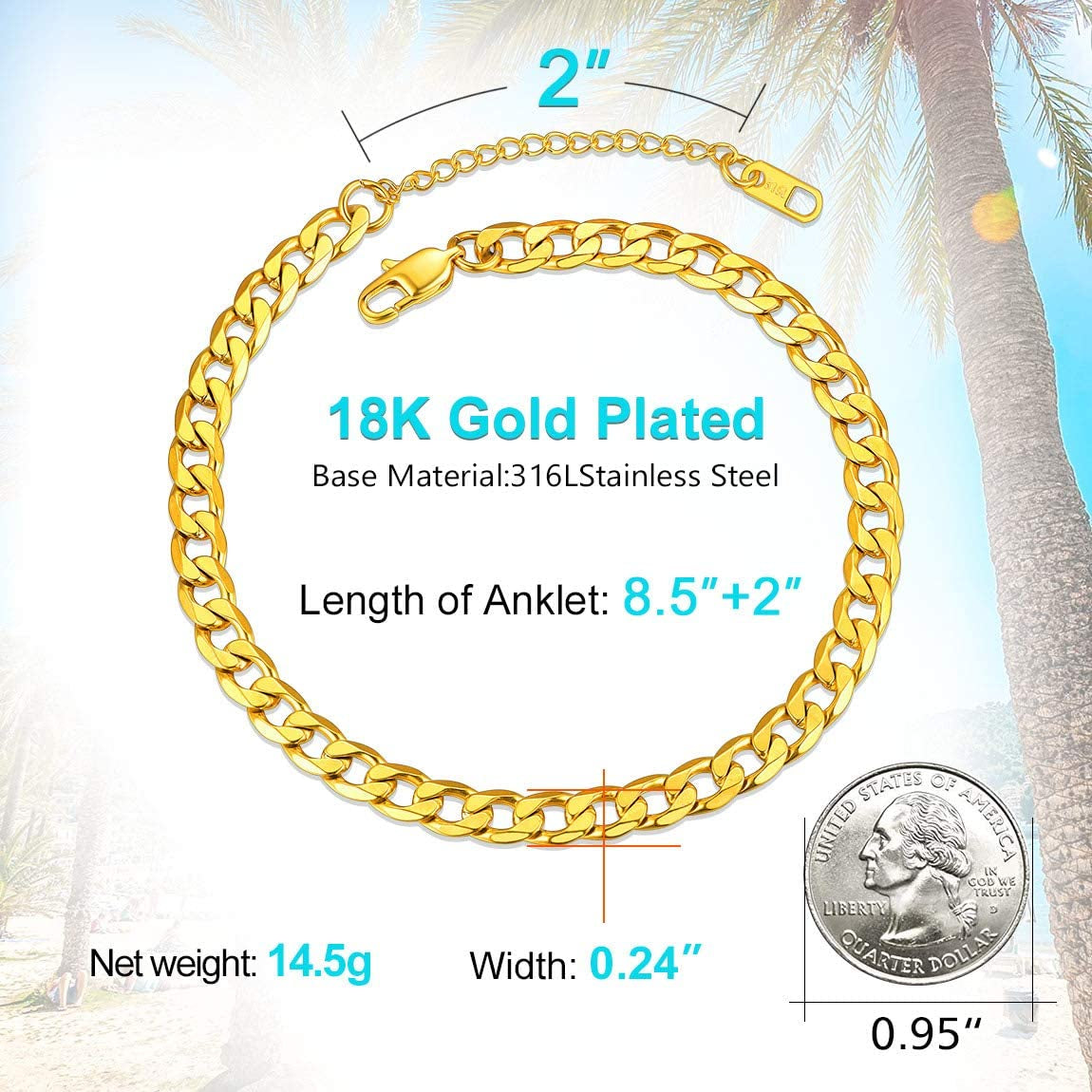 Chainspro Resizable Anklet Chain for Women Men, Figaro/Wheat/Twist Rope/Cuban Foot Bracelet-Strong with Good Clasp-18K Gold Plated(Send Gift Box) Apparel & Accessories > Jewelry > Anklets ChainsPro