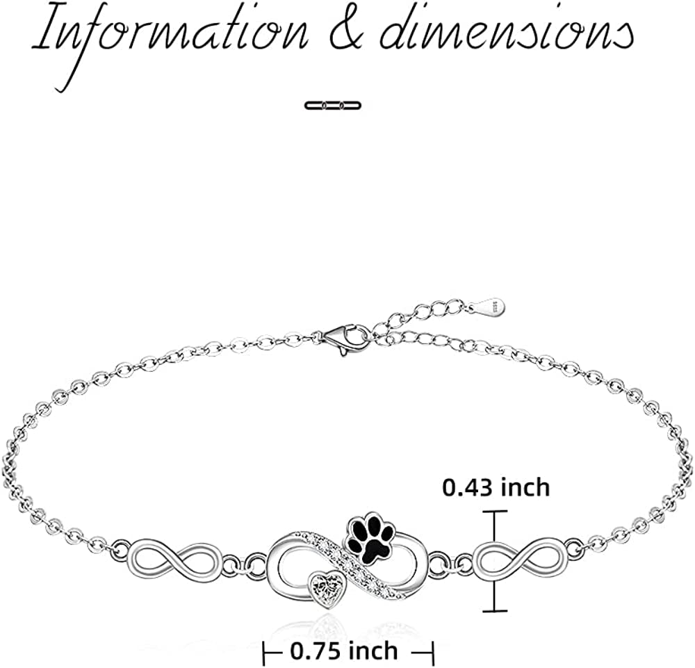 Paw Print Anklet S925 Sterling Silver Infinity Heart Puppy Dog Cat Ankle Bracelets for Women Girls Beach Pet Barefoot Paws Hawaiian Boho Cute Adjustable Anklets Mothers Day Gifts Apparel & Accessories > Jewelry > Anklets Fenthring