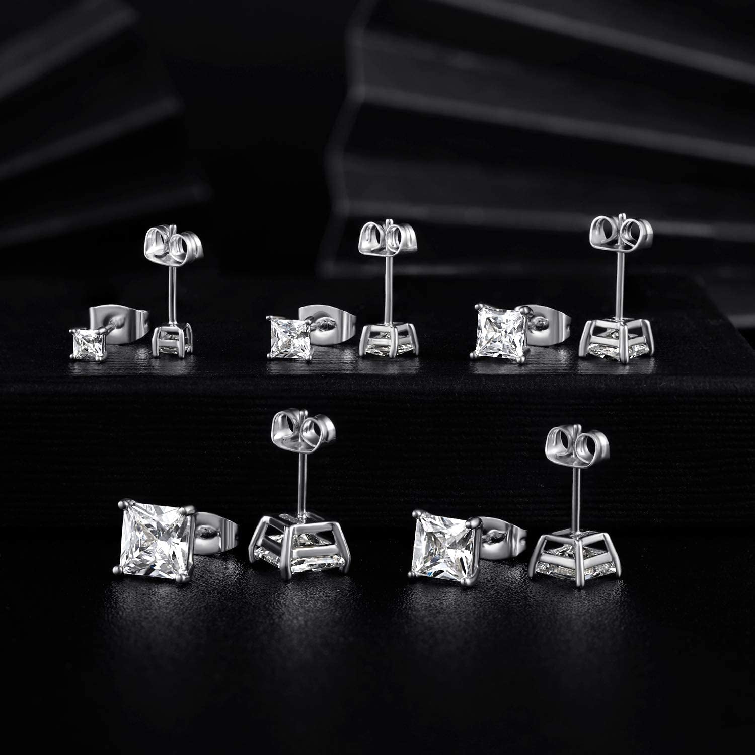 MDFUN 18K White Gold Plated Princess Cut Clear Cubic Zirconia Stud Earring Pack of 5 Pairs Apparel & Accessories > Jewelry > Earrings MDFUN