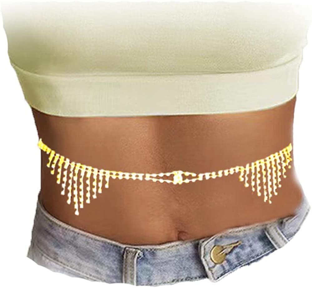 Butterfly Waist Chain with Crystals Gold Sexy Belly Chains Rhinestone Adjustable Beach Bikini Body Chain for Women Girls Stomach Jewelry Chain Summer Beach Bikini Belly Chains Rave Jewelry Gift Apparel & Accessories > Jewelry > Body Jewelry INLOLLY N Gold Tassel